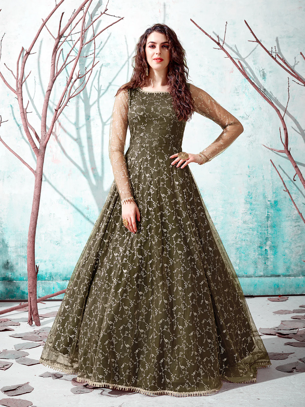 Odette Women Designer Olive Net Semi Stitched Gown