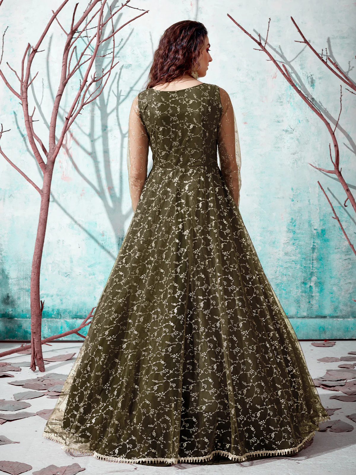 Odette Women Designer Olive Net Semi Stitched Gown - Image 4