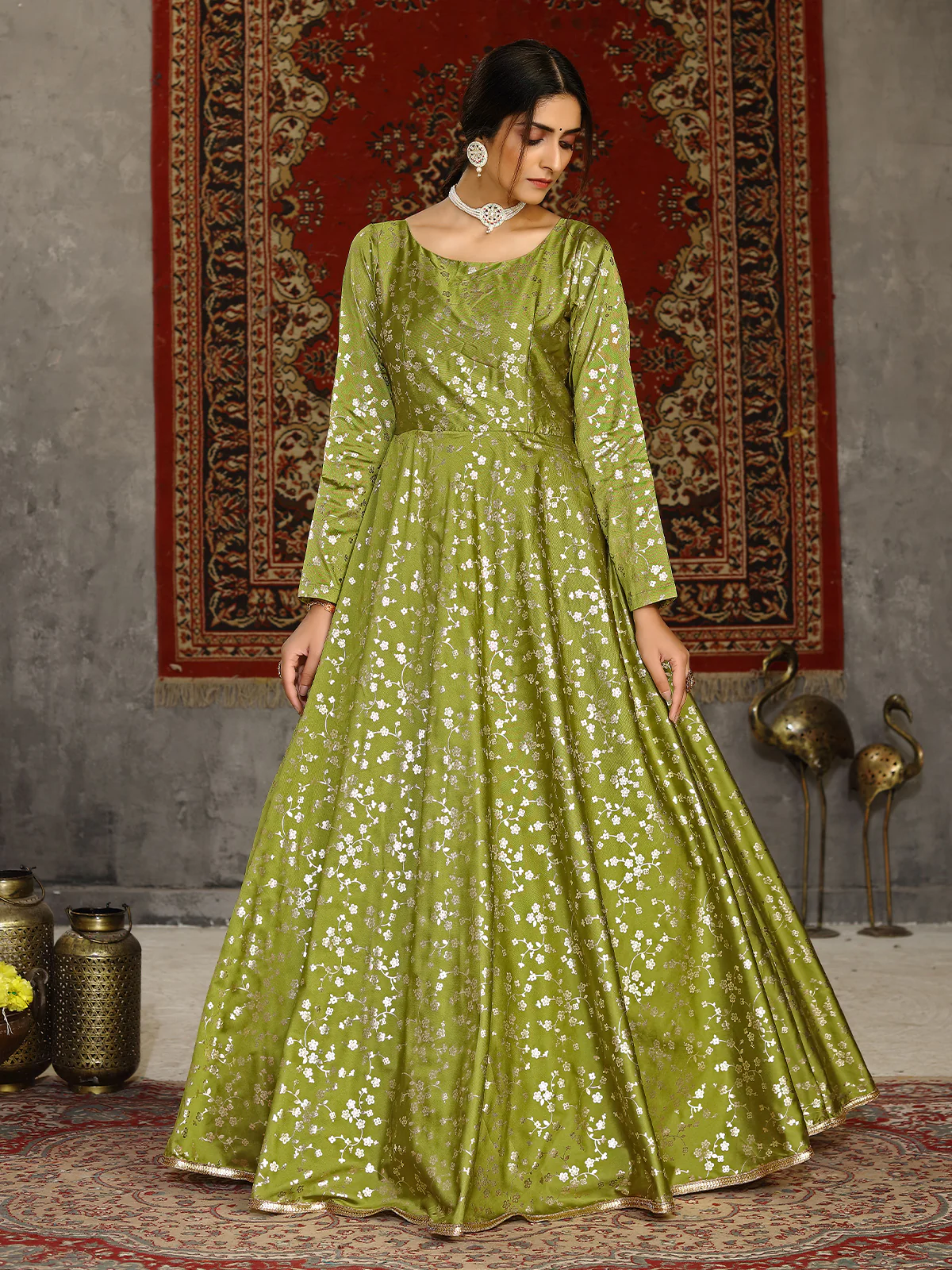 Odette Women Designer Olive Taffeta Semi Stitched Gown - Image 4