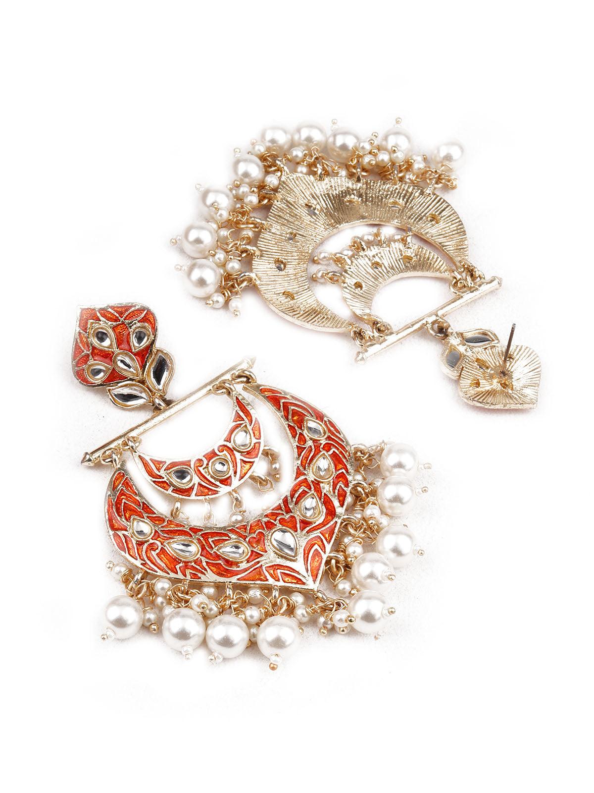 Odette Women Designer Red And Gold Dangler Earrings - Image 3