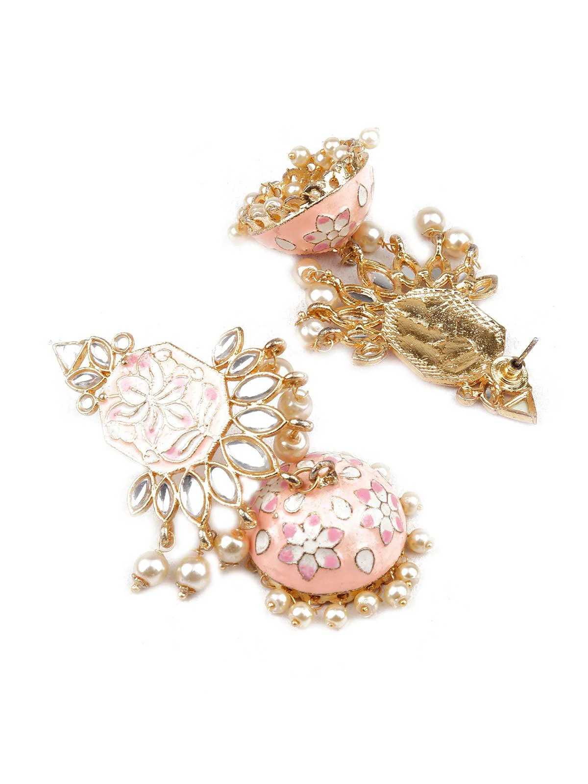 Odette Women Designer Peach And Gold Dangler Jhumki Earrings - Image 3