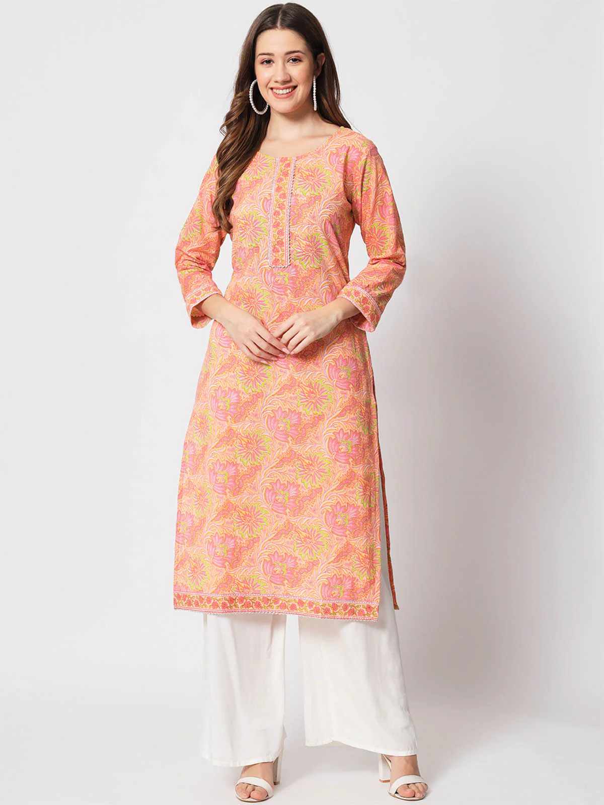 Odette Women Designer Peach Cotton Printed Stitched Kurta - Image 2