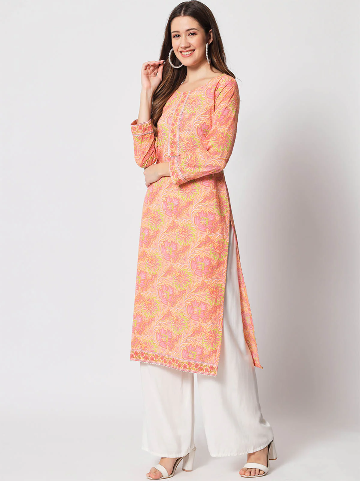 Odette Women Designer Peach Cotton Printed Stitched Kurta - Image 3