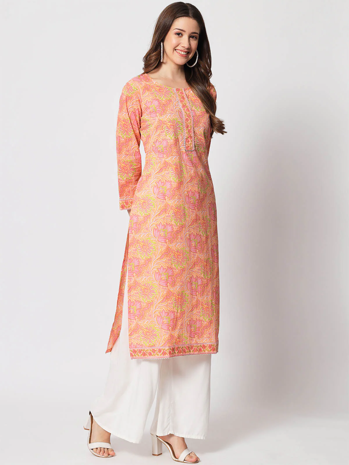 Odette Women Designer Peach Cotton Printed Stitched Kurta - Image 4