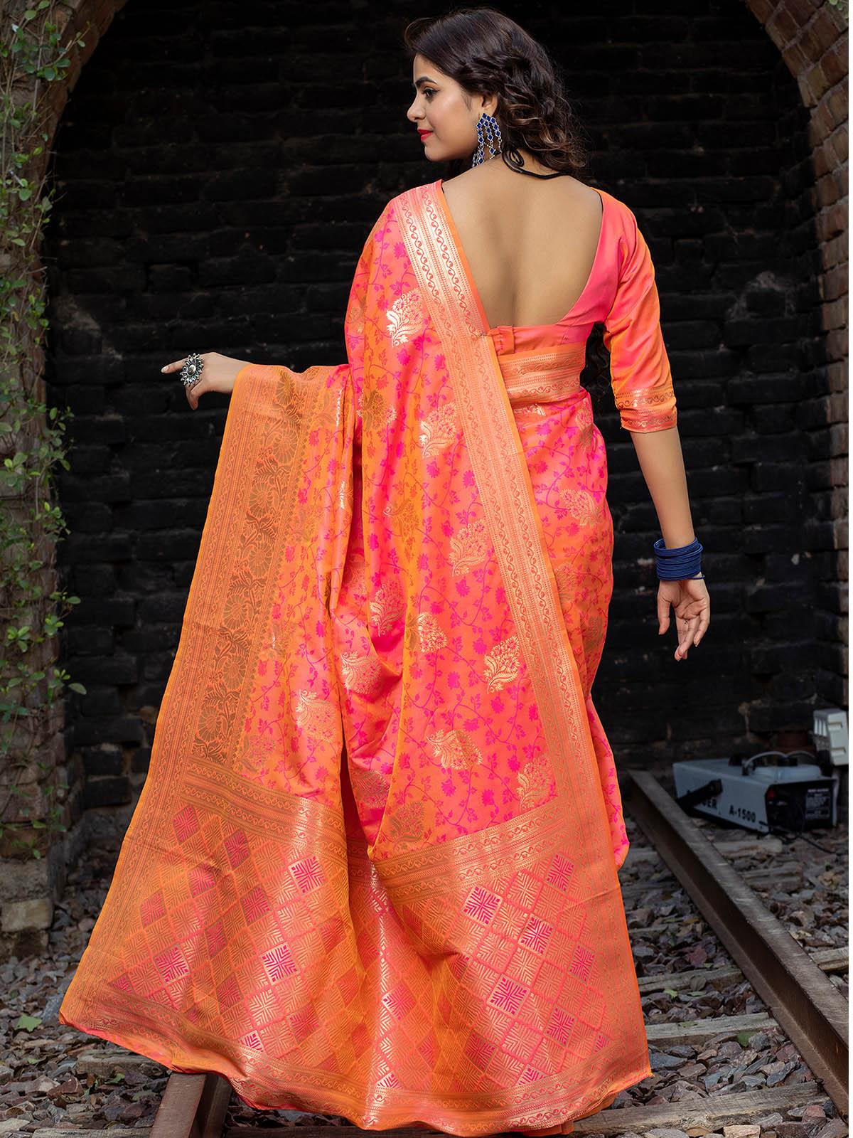 Odette Women Designer Pink Banarasi Silk Saree With Unstitched Blouse - Image 2