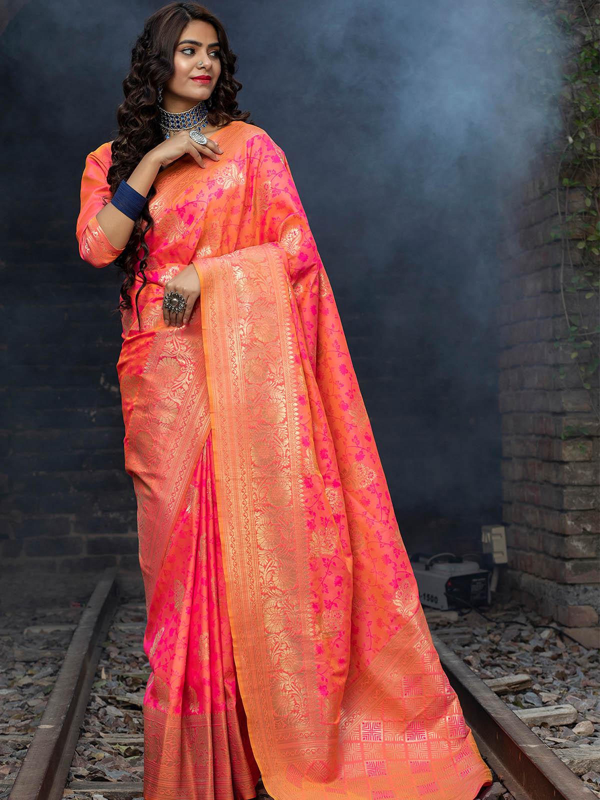 Odette Women Designer Pink Banarasi Silk Saree With Unstitched Blouse - Image 4