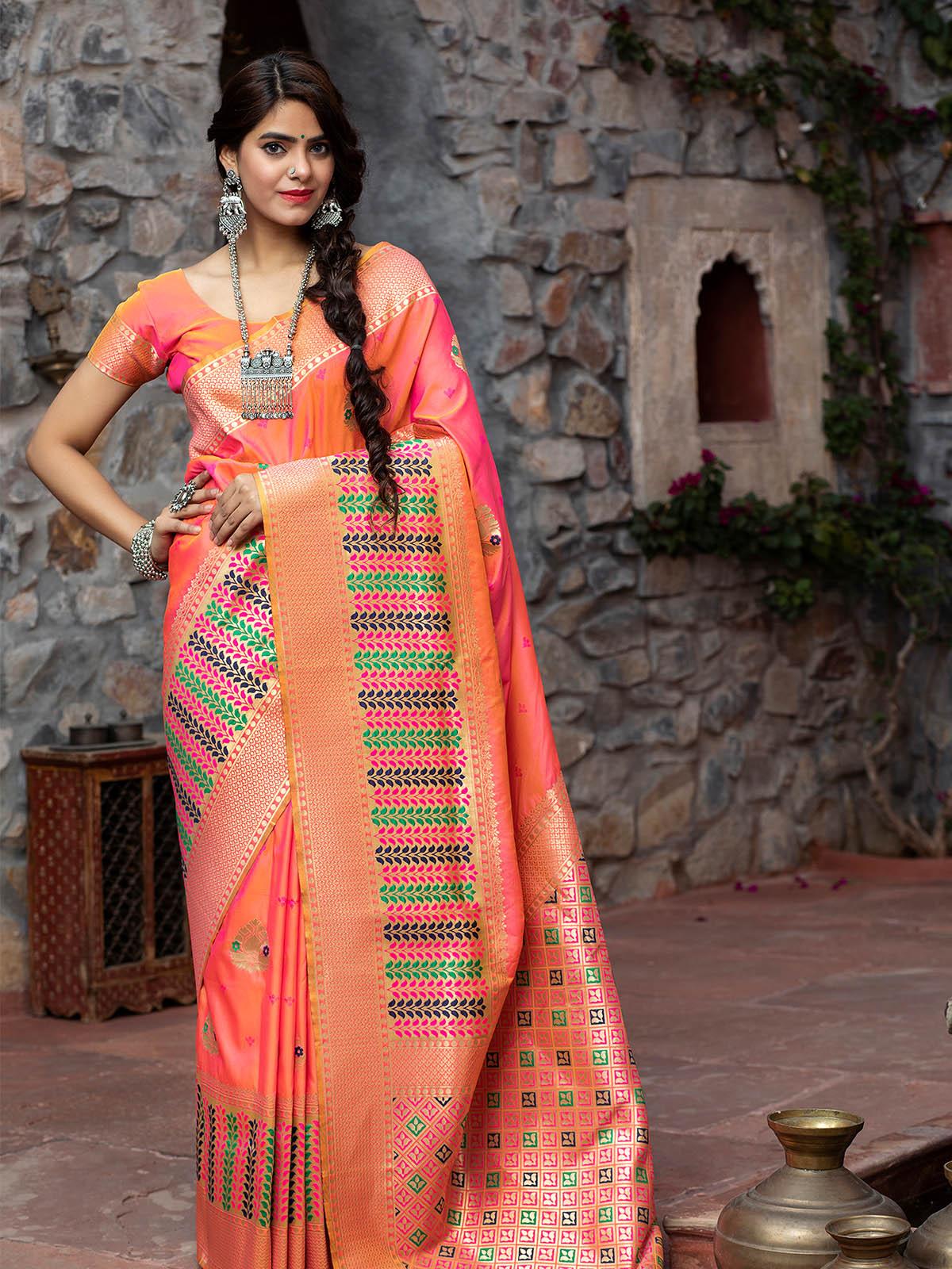 Odette Women Designer Pink Banarasi Silk Saree With Unstitched Blouse - Image 3
