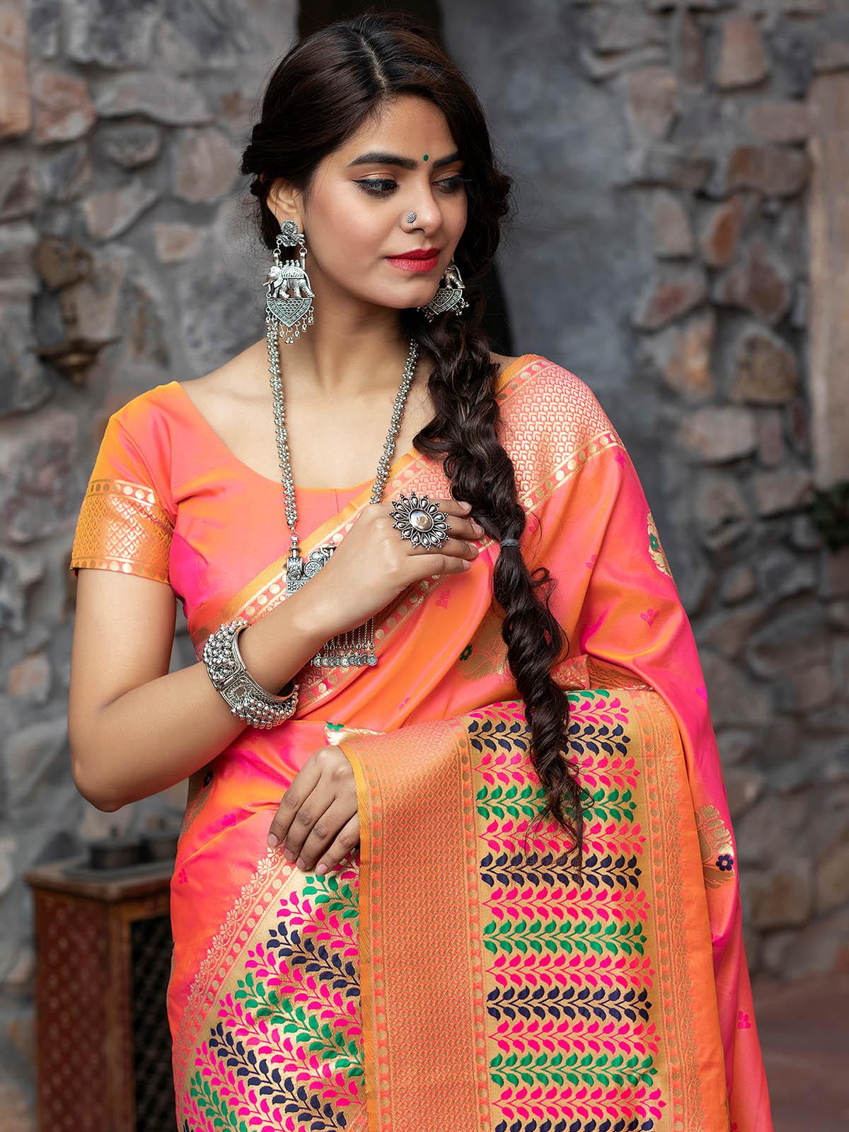 Odette Women Designer Pink Banarasi Silk Saree With Unstitched Blouse - Image 4