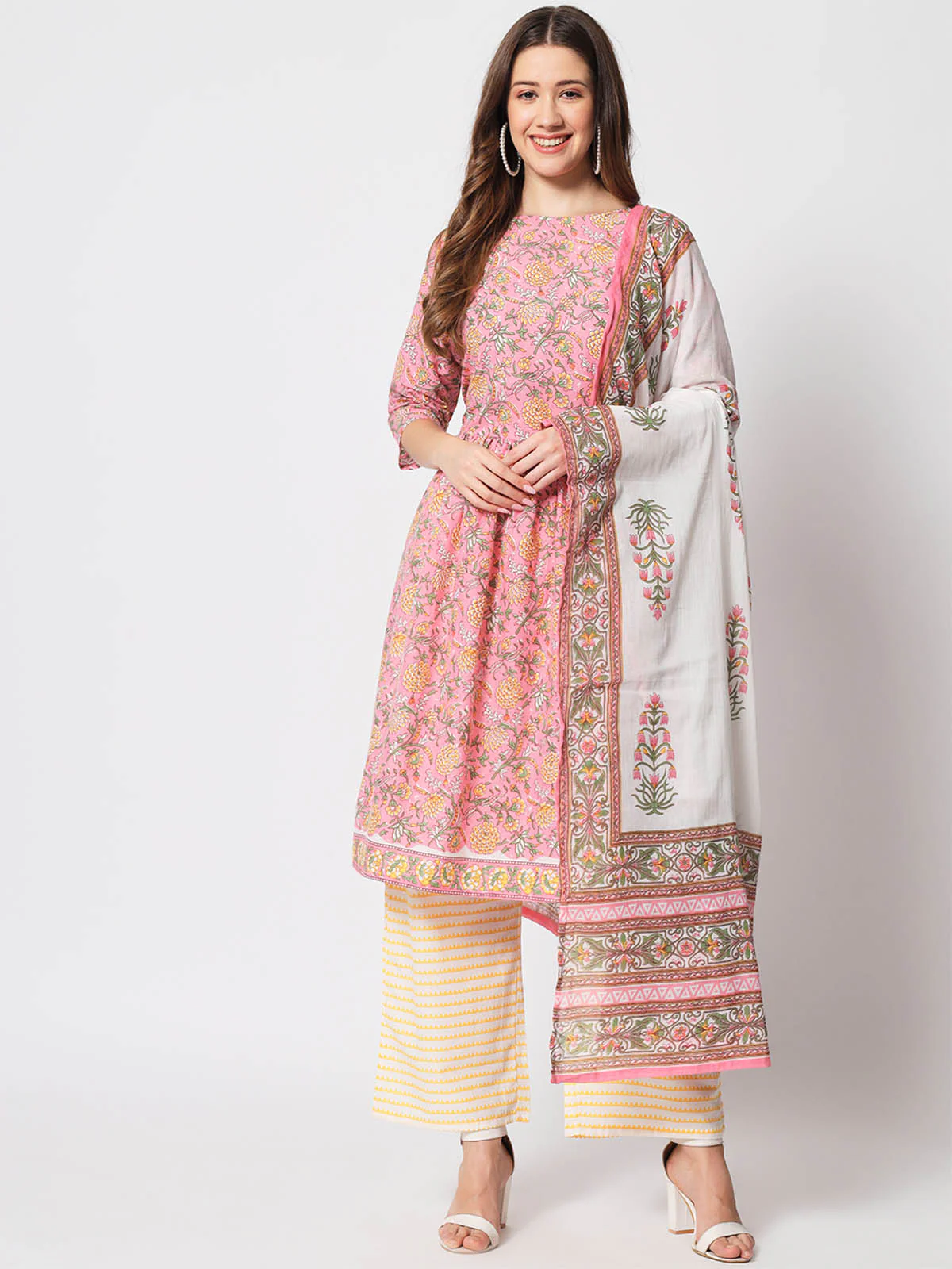 Odette Women Designer Pink Cotton Printed Stitched Kurta Set - Image 2