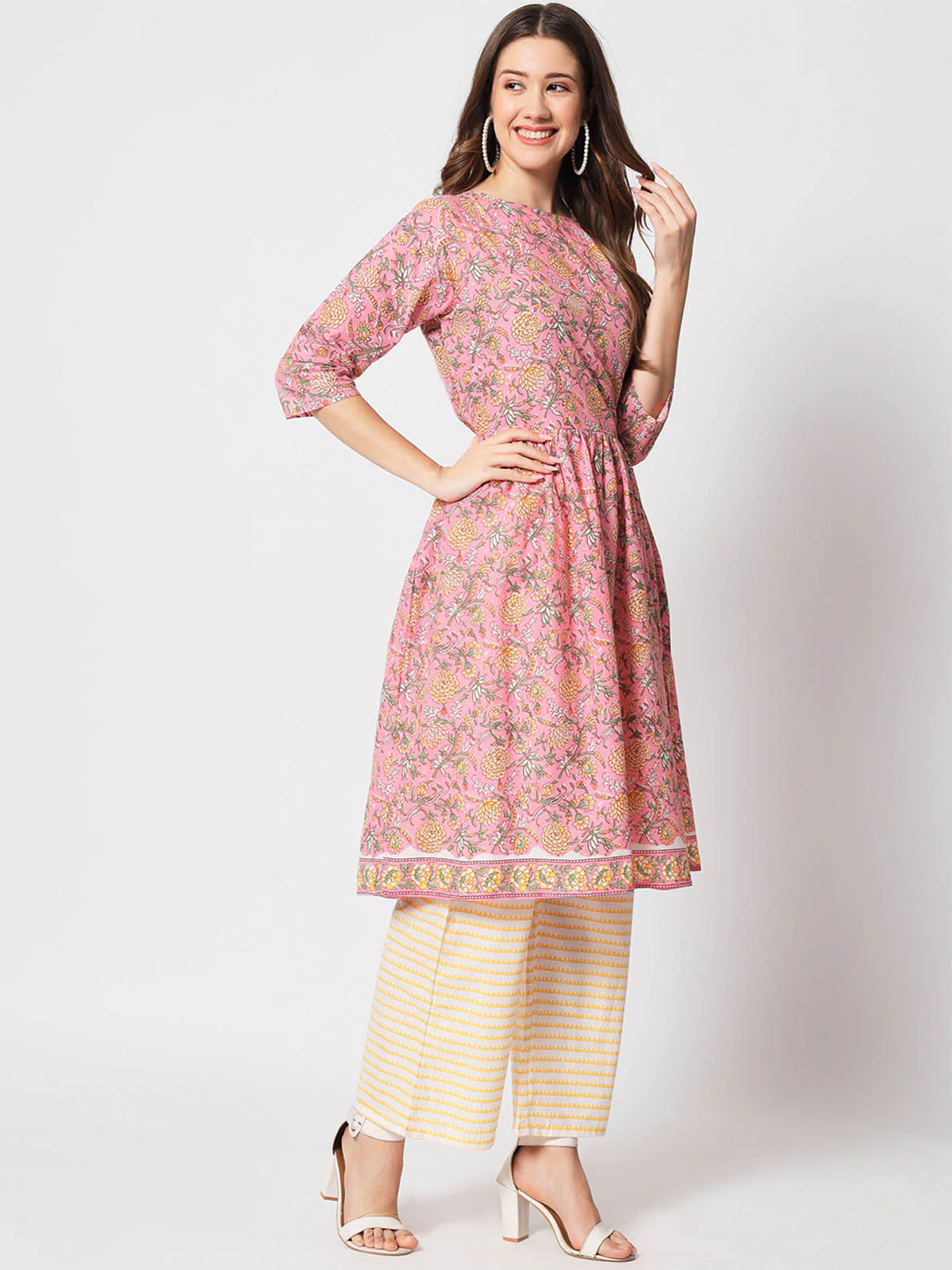 Odette Women Designer Pink Cotton Printed Stitched Kurta Set - Image 4