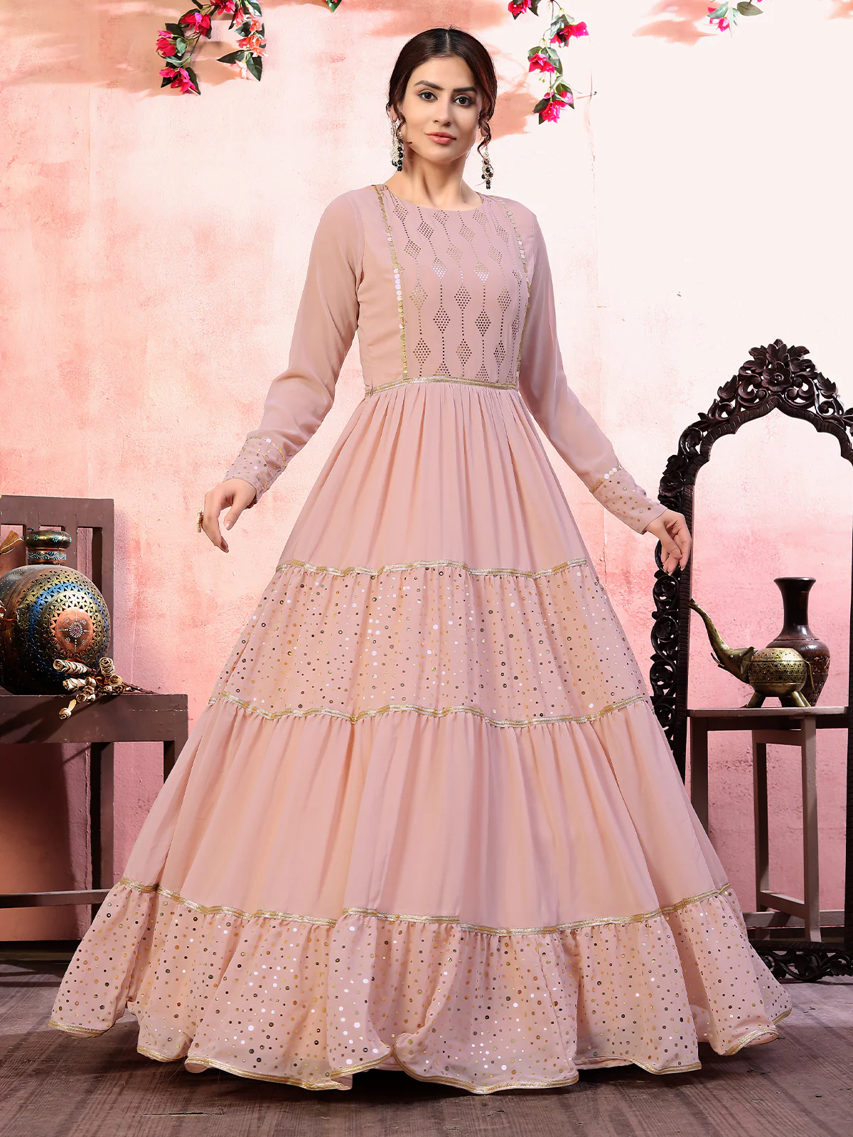 Odette Women Designer Pink Georgette Semi Stitched Gown - Image 2