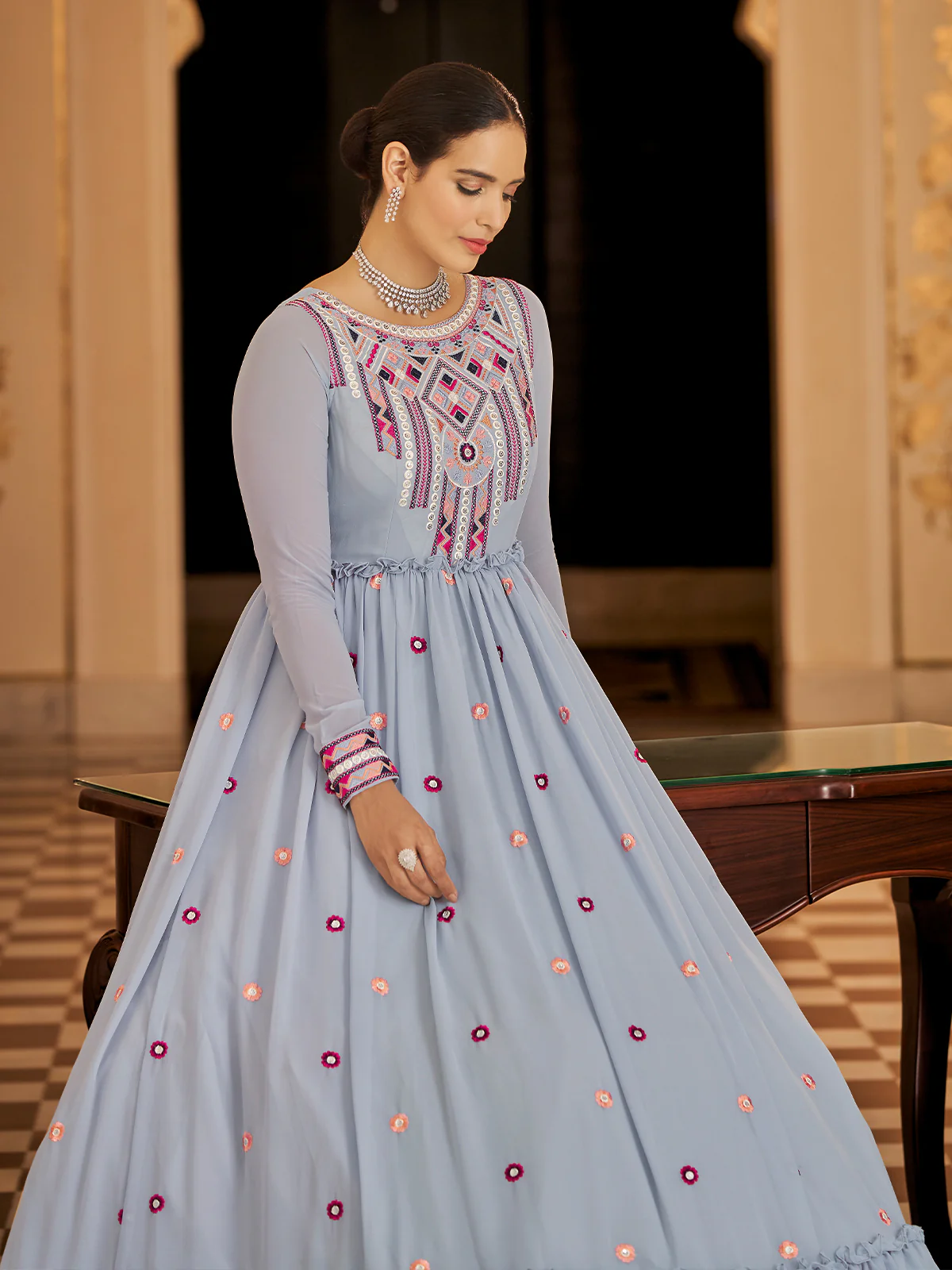 Odette Women Designer Lavender Georgette Semi Stitched Gown - Image 3