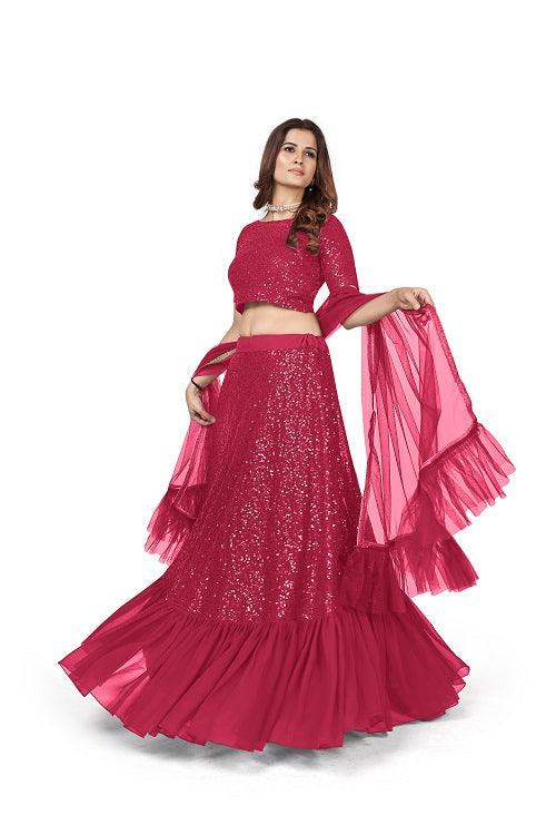 Odette Women Designer Pink Georgette Semi Stitched Lehenga With Unstitched Blouse - Image 3