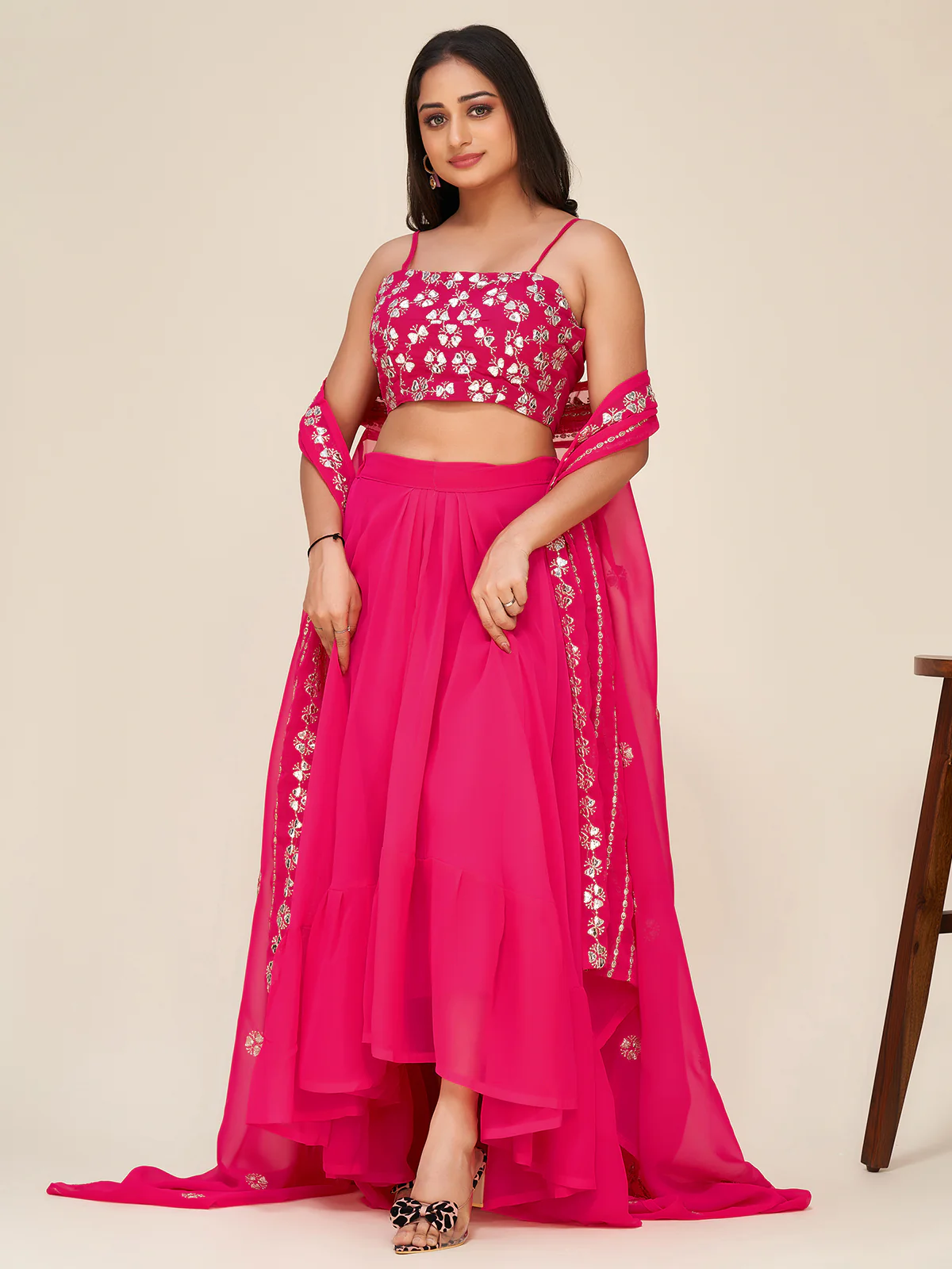 Odette Women Designer Pink Georgette Semi Stitched Lehenga With Unstitched Blouse - Image 2