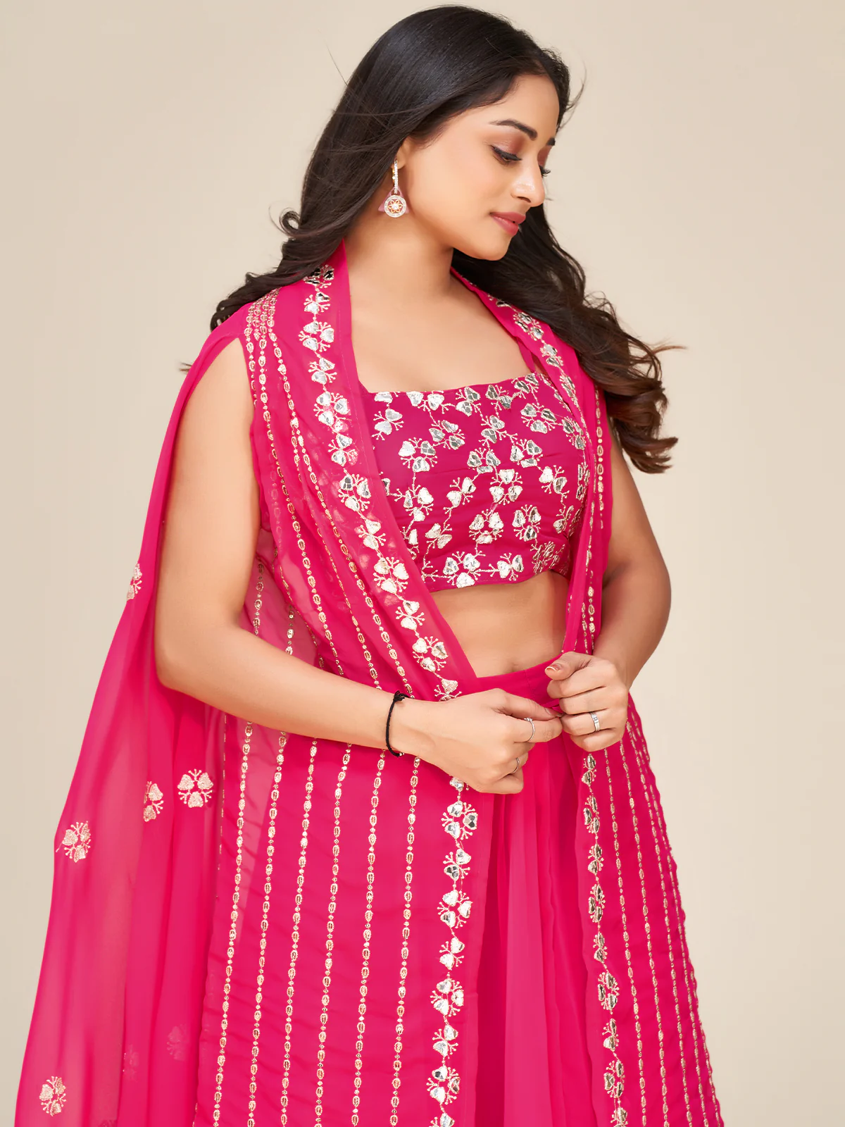 Odette Women Designer Pink Georgette Semi Stitched Lehenga With Unstitched Blouse - Image 5