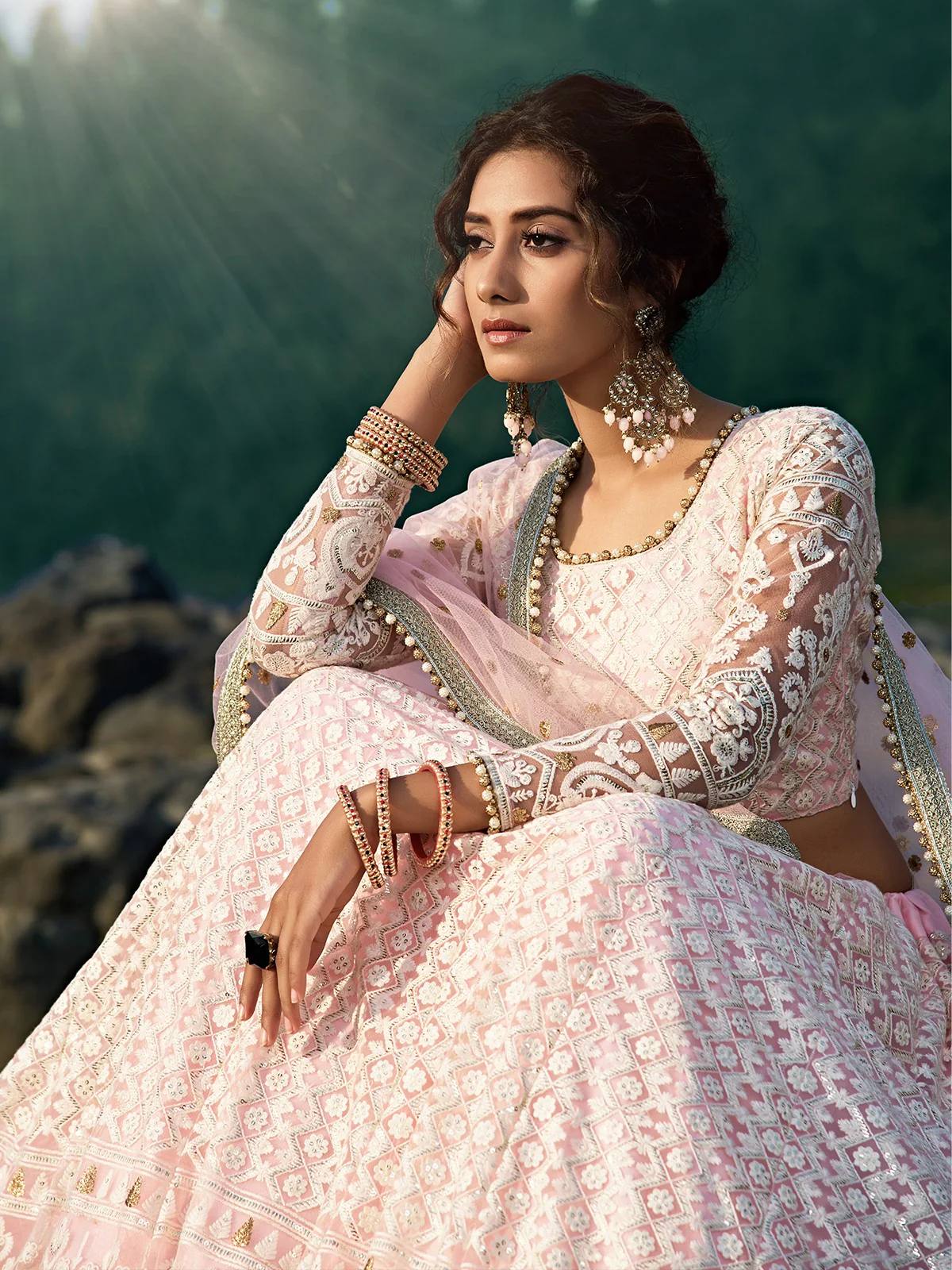 Odette Women Designer Pink Semi Stitched Lehenga With Unstitched Blouse - Image 3