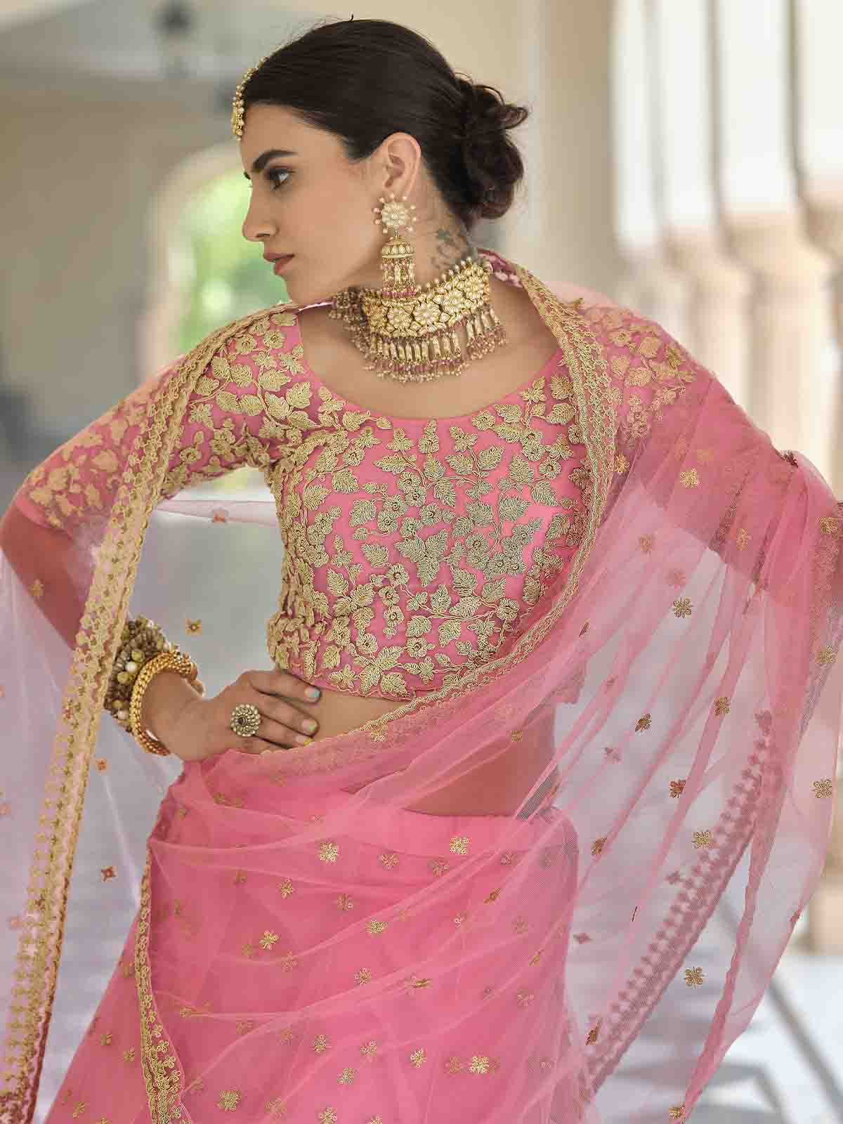 Odette Women Designer Pink Semi Stitched Lehenga With Unstitched Blouse - Image 4