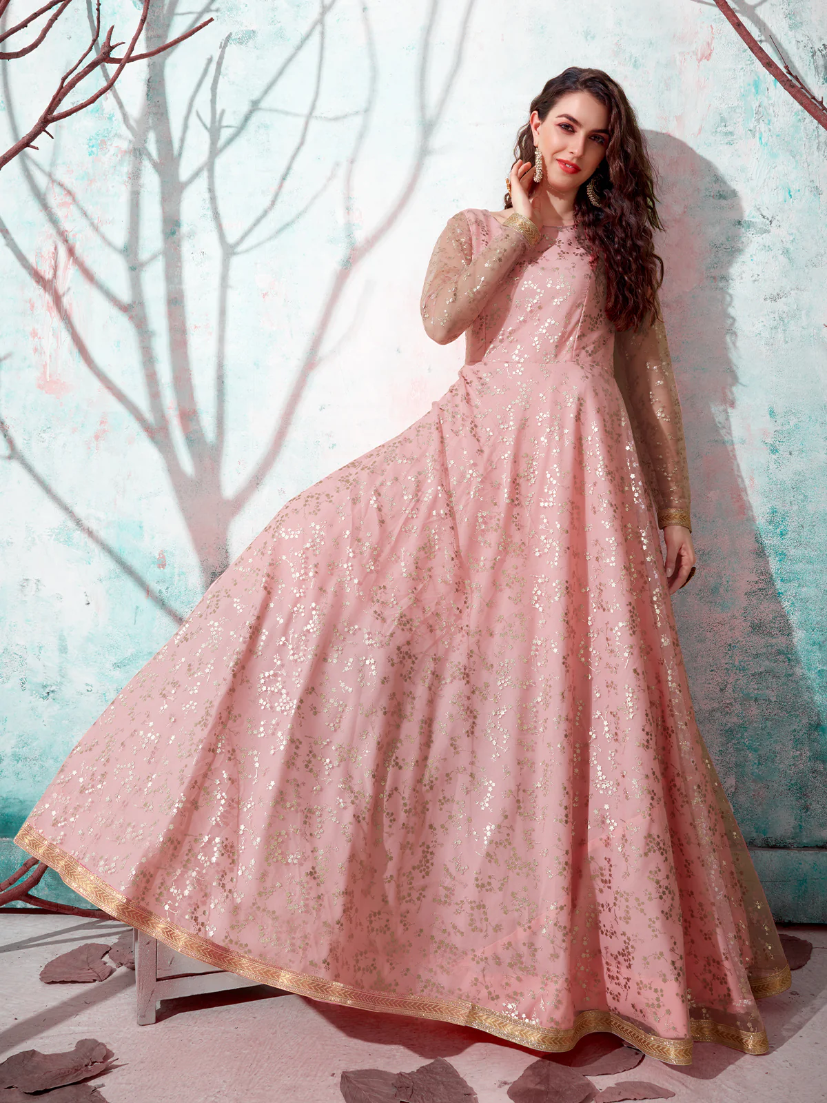 Odette Women Designer Pink Net Semi Stitched Gown - Image 2