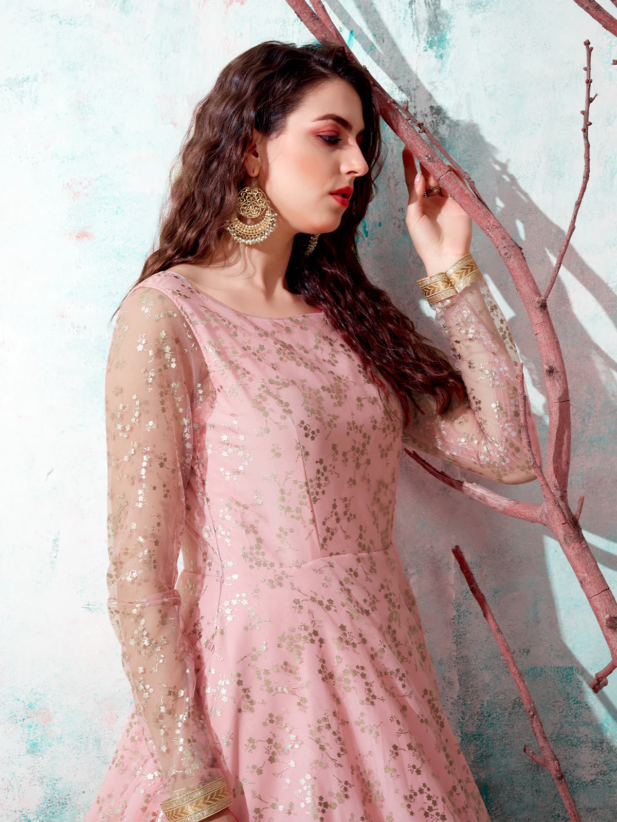 Odette Women Designer Pink Net Semi Stitched Gown - Image 3
