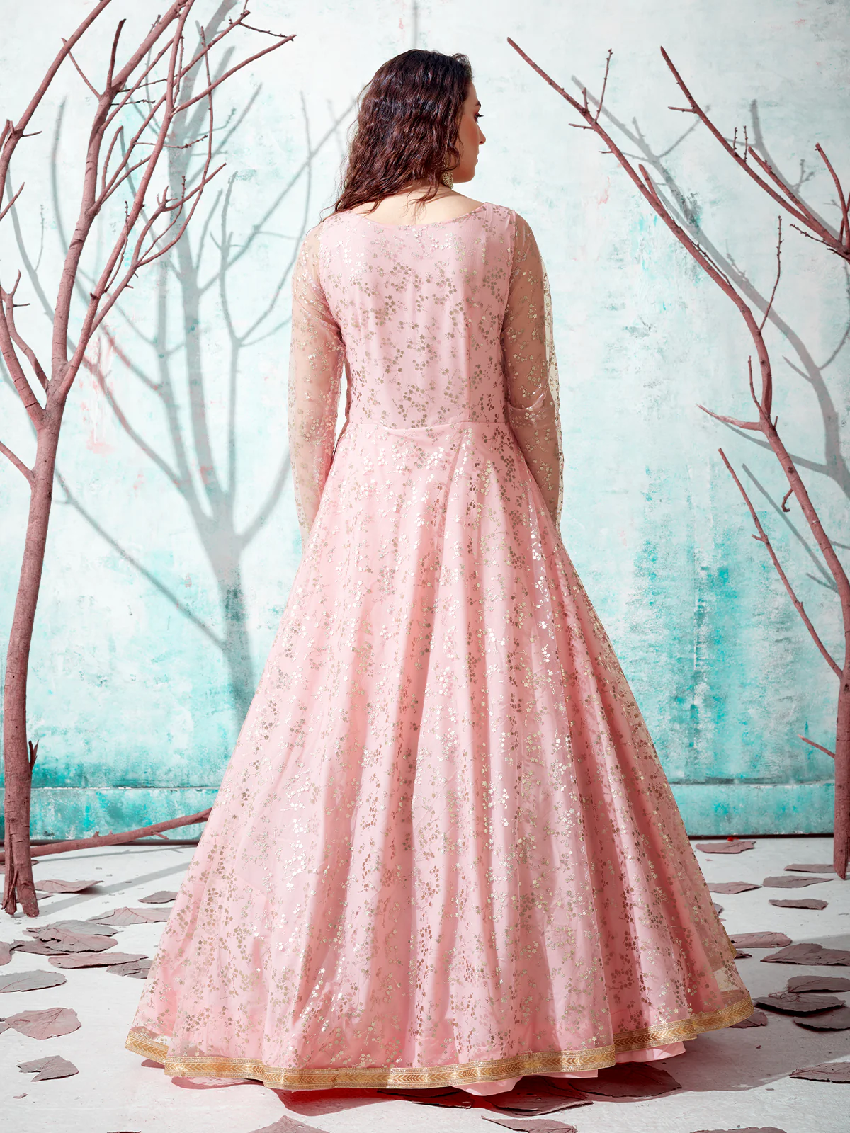 Odette Women Designer Pink Net Semi Stitched Gown - Image 4