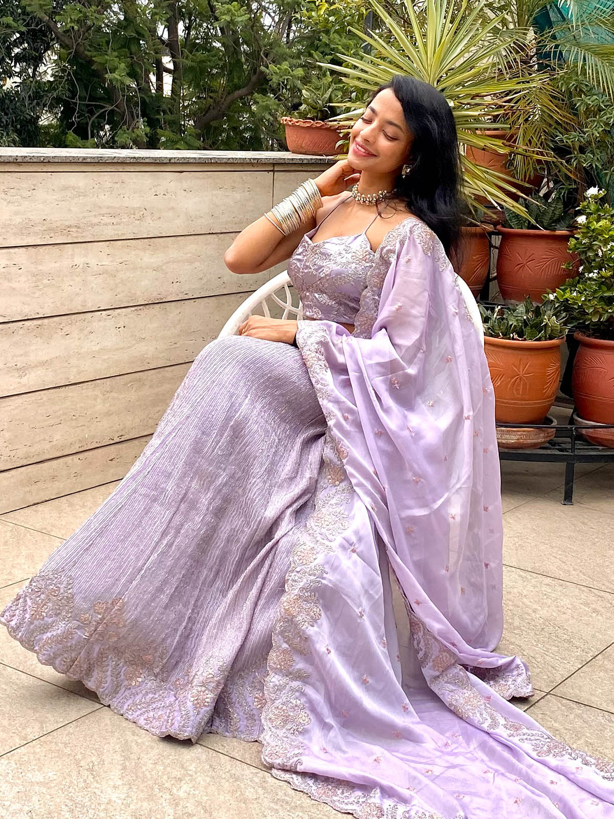 Odette Women Designer Lilac Silk Blend Semi Stitched Lehenga With Unstitched Blouse