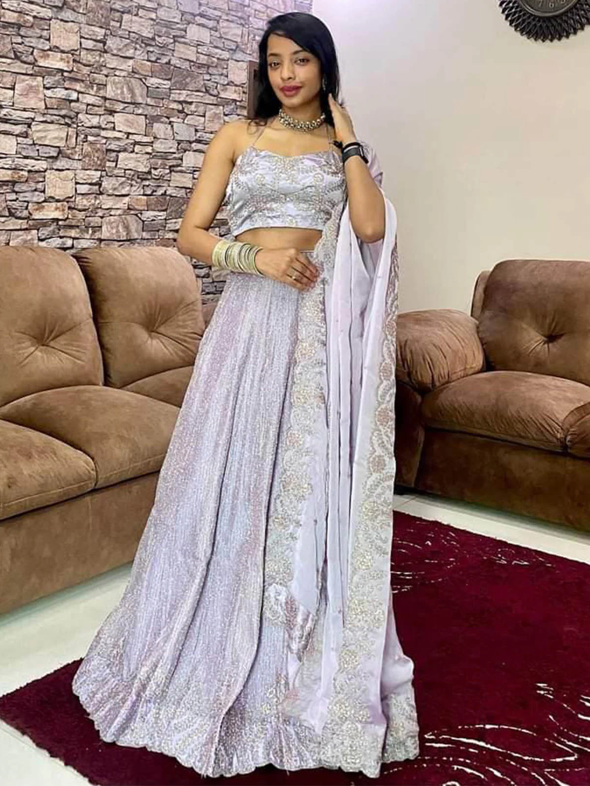 Odette Women Designer Lilac Silk Blend Semi Stitched Lehenga With Unstitched Blouse - Image 2