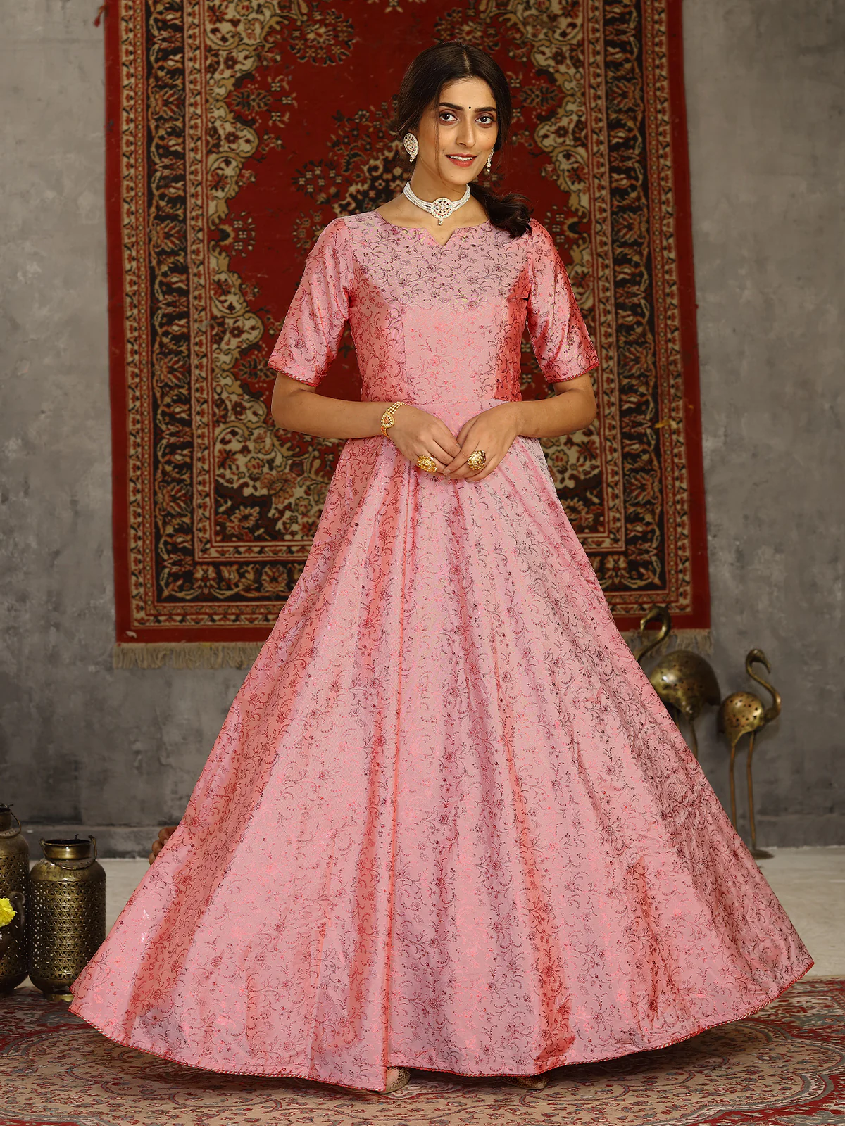 Odette Women Designer Pink Taffeta Semi Stitched Gown - Image 3
