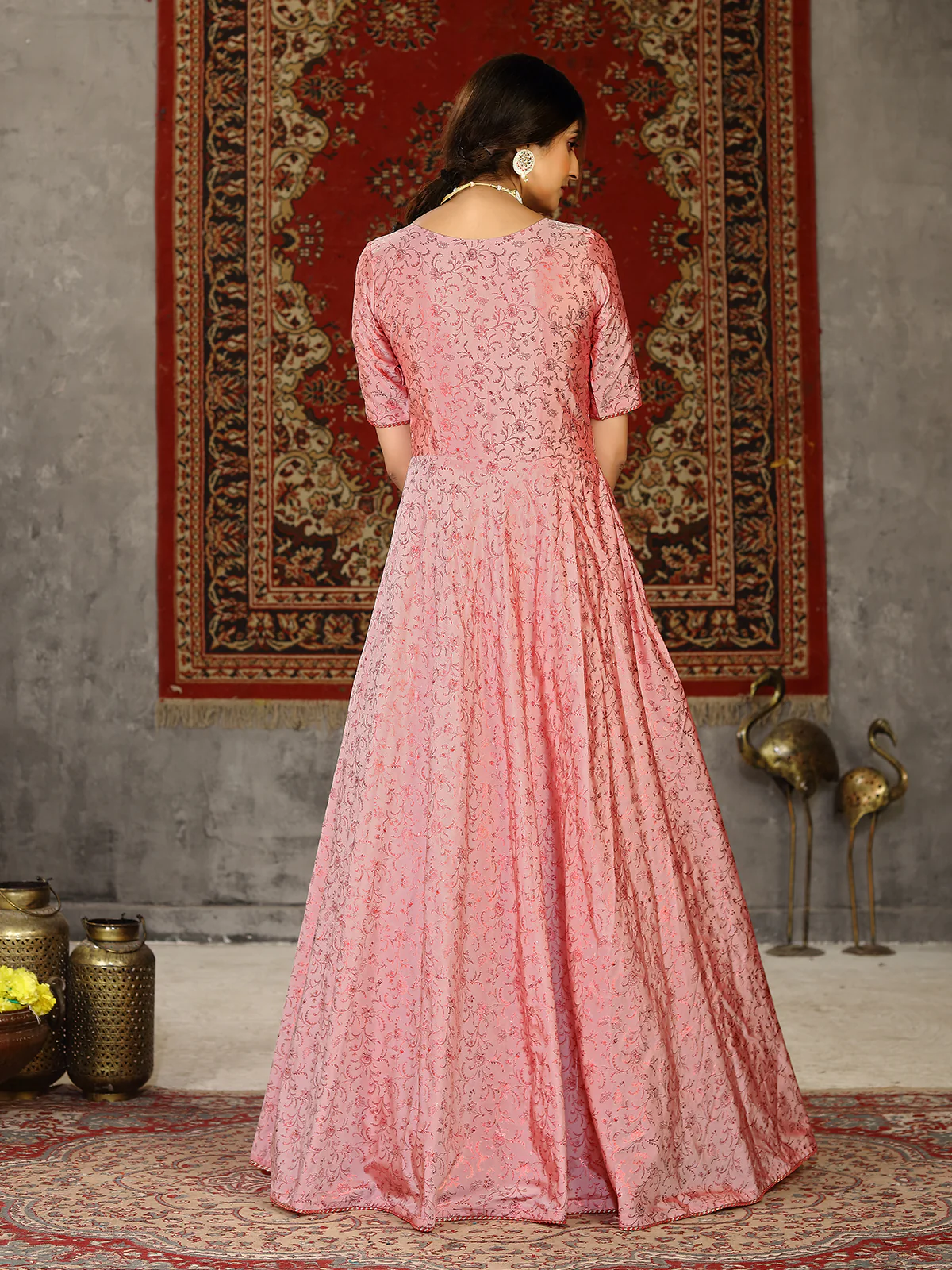 Odette Women Designer Pink Taffeta Semi Stitched Gown - Image 4