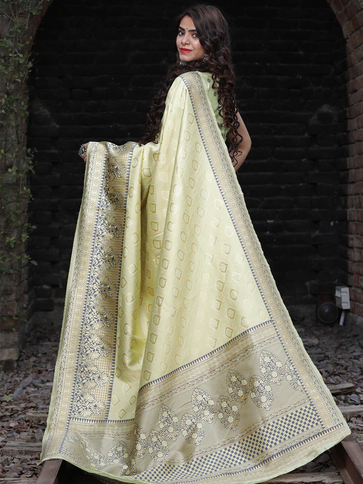 Odette Women Designer Pista Banarasi Silk Saree With Unstitched Blouse - Image 2