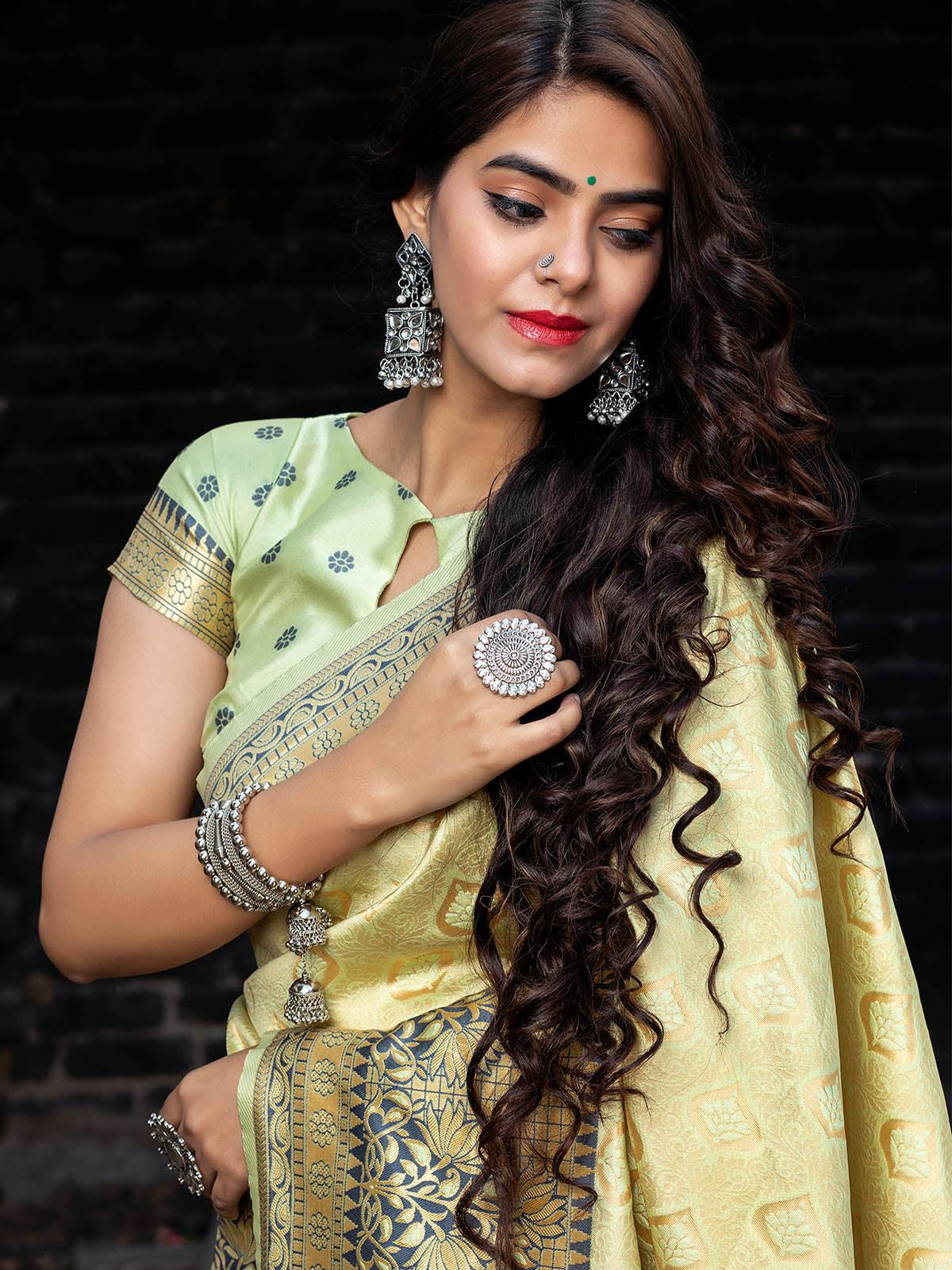 Odette Women Designer Pista Banarasi Silk Saree With Unstitched Blouse - Image 3