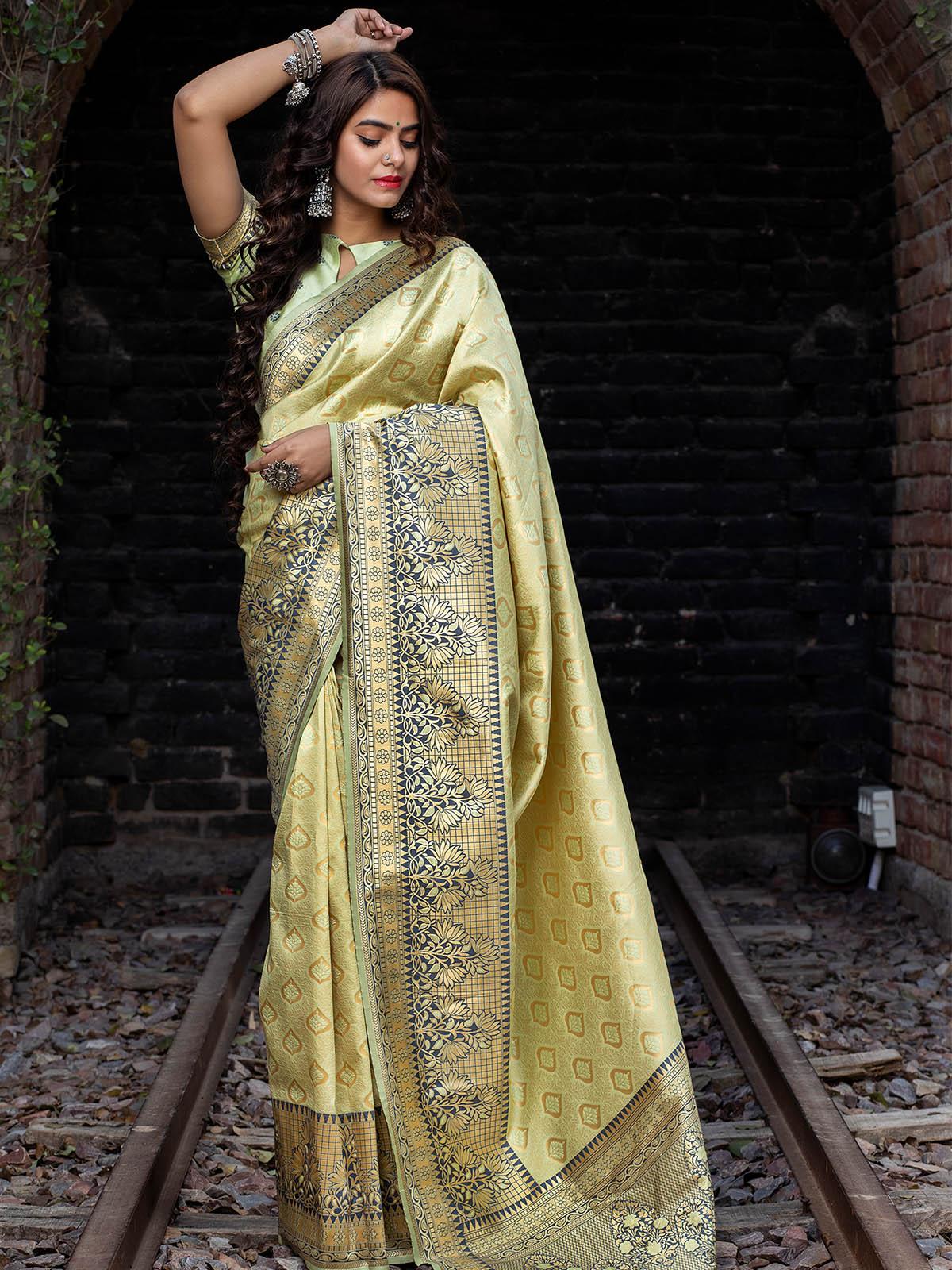 Odette Women Designer Pista Banarasi Silk Saree With Unstitched Blouse - Image 4