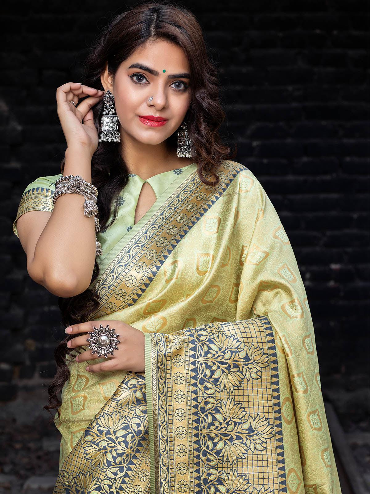 Odette Women Designer Pista Banarasi Silk Saree With Unstitched Blouse - Image 5
