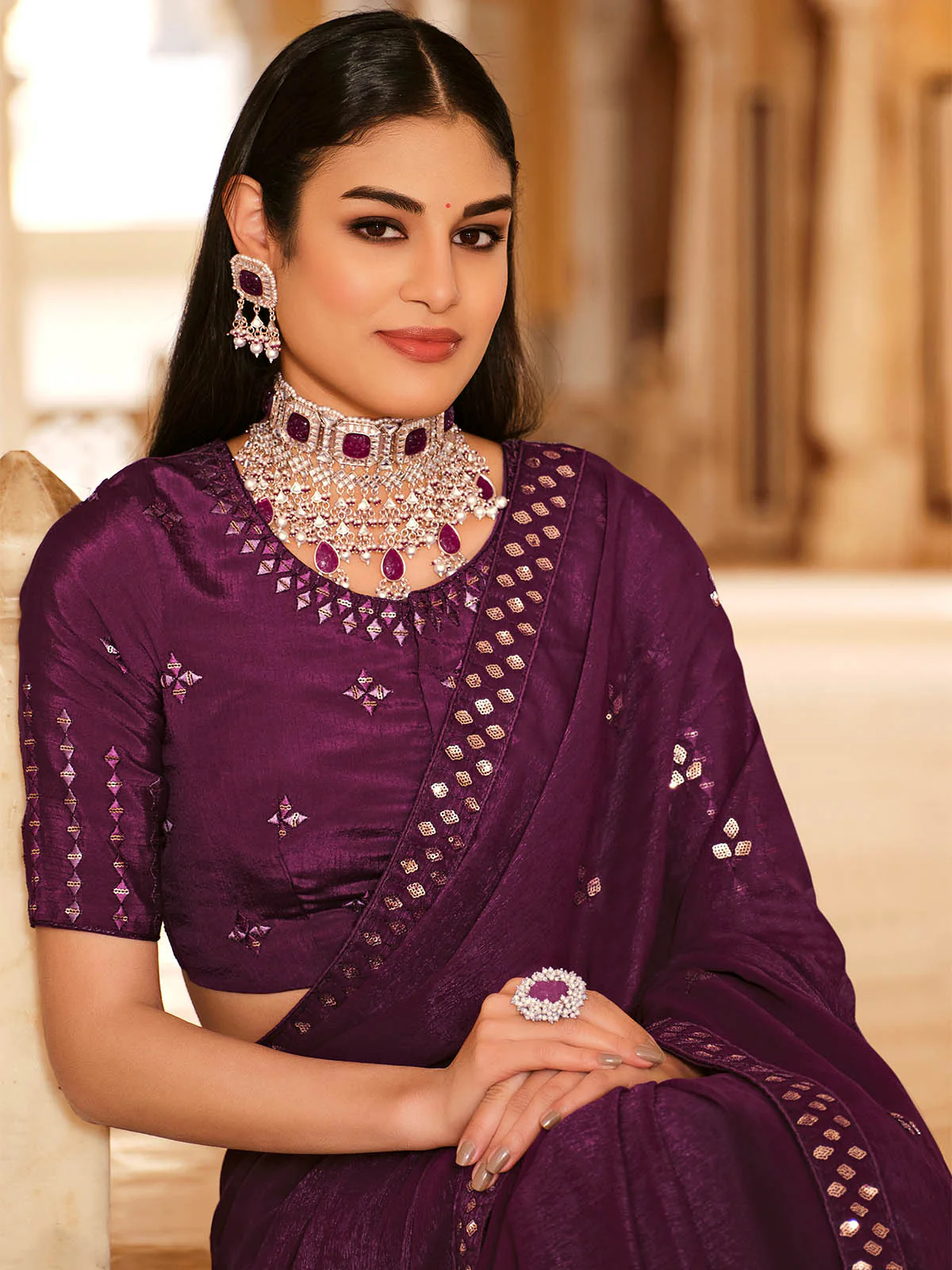 Odette Women Designer Purple Saree With Unstitched Blouse - Image 2