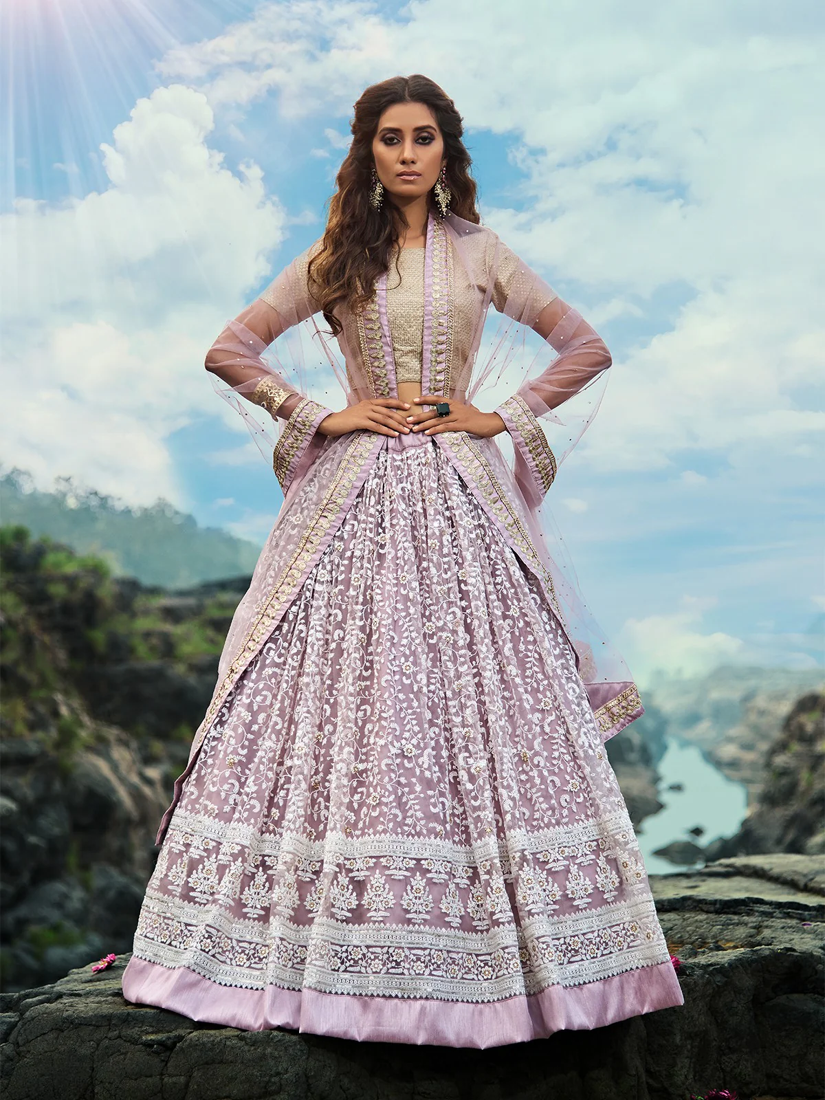 Odette Women Designer Purple Soft Net Semi Stitched Lehenga With Unstitched Blouse