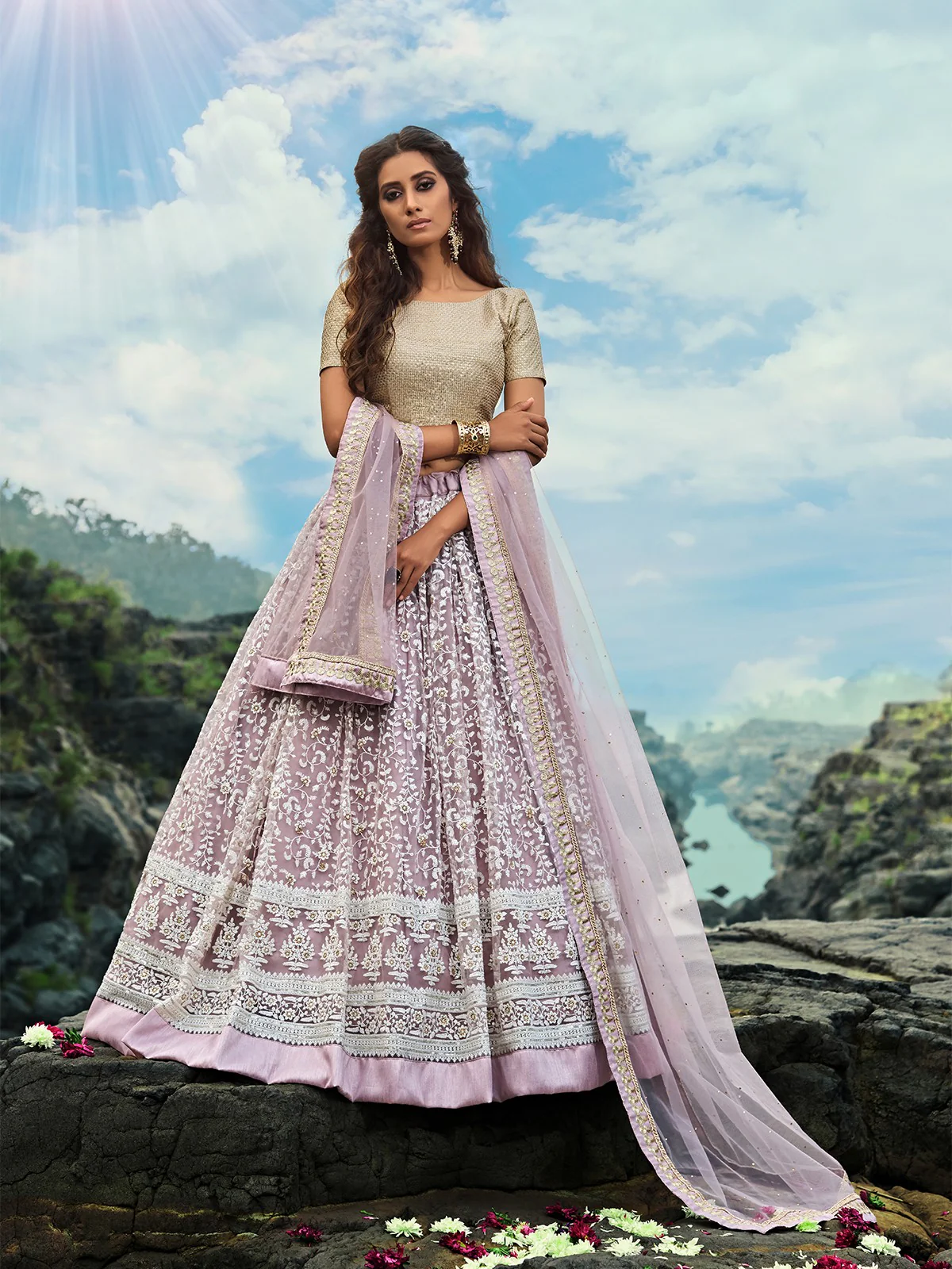 Odette Women Designer Purple Soft Net Semi Stitched Lehenga With Unstitched Blouse - Image 2
