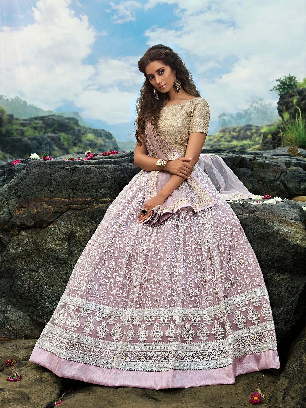 Odette Women Designer Purple Soft Net Semi Stitched Lehenga With Unstitched Blouse - Image 3