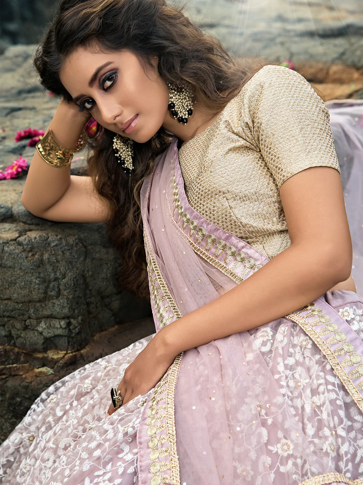 Odette Women Designer Purple Soft Net Semi Stitched Lehenga With Unstitched Blouse - Image 4