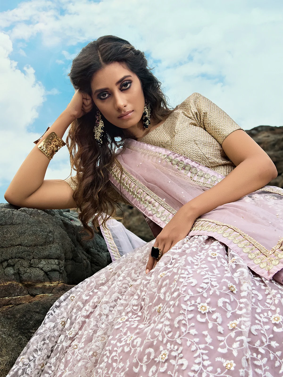 Odette Women Designer Purple Soft Net Semi Stitched Lehenga With Unstitched Blouse - Image 5