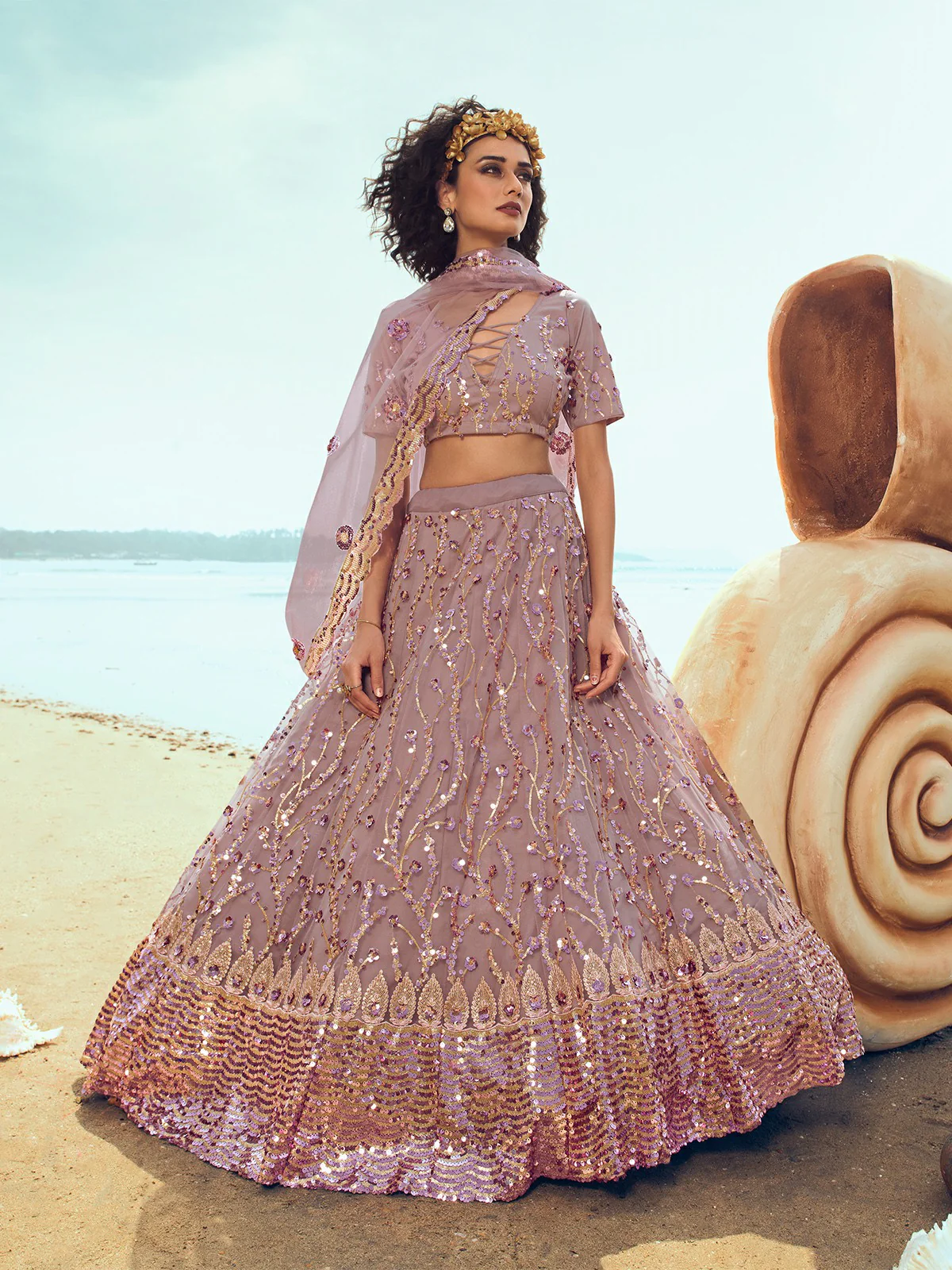 Odette Women Designer Purple Soft Net With Sequins Thread Semi Stitched Lehenga With Unstitched Blouse
