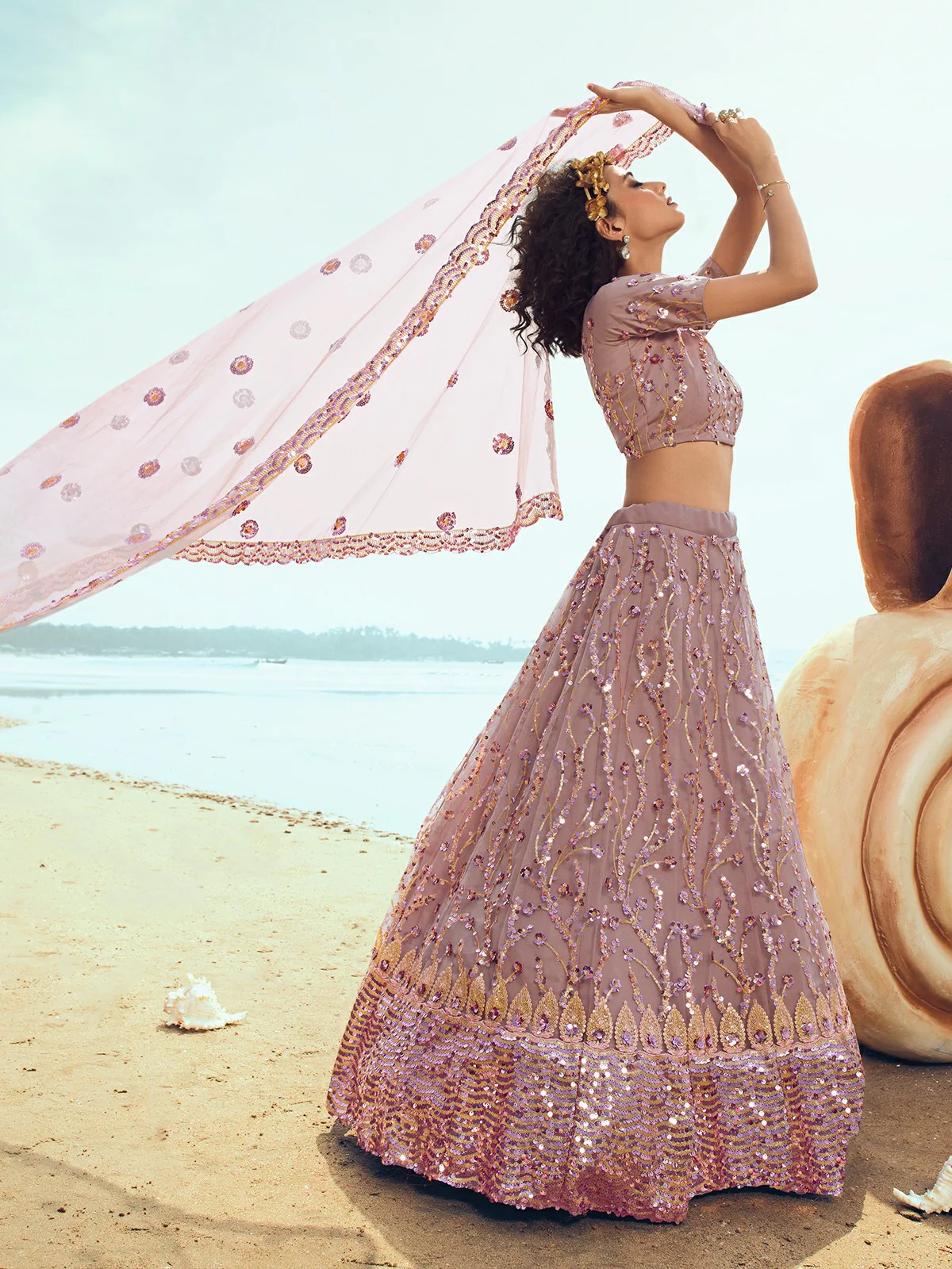 Odette Women Designer Purple Soft Net With Sequins Thread Semi Stitched Lehenga With Unstitched Blouse - Image 4