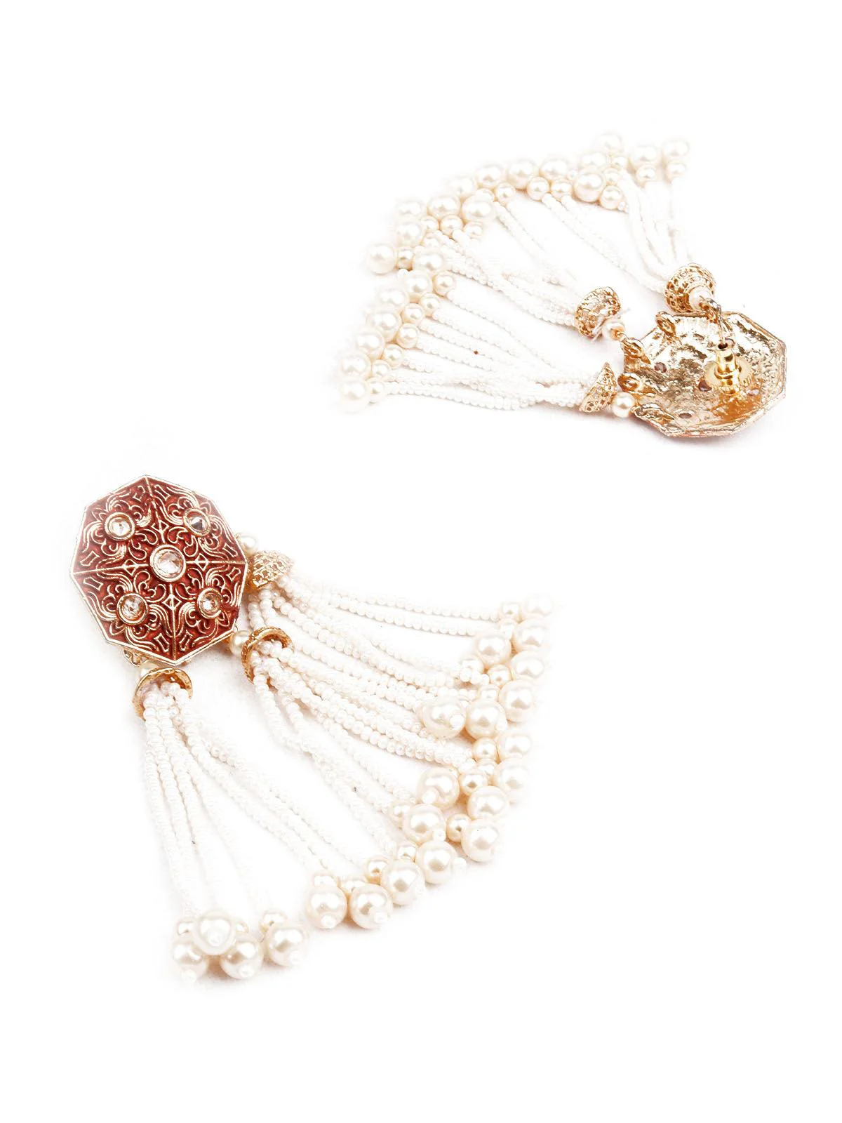 Odette Women Designer Red And Gold Tasseled Dangle Earrings - Image 3