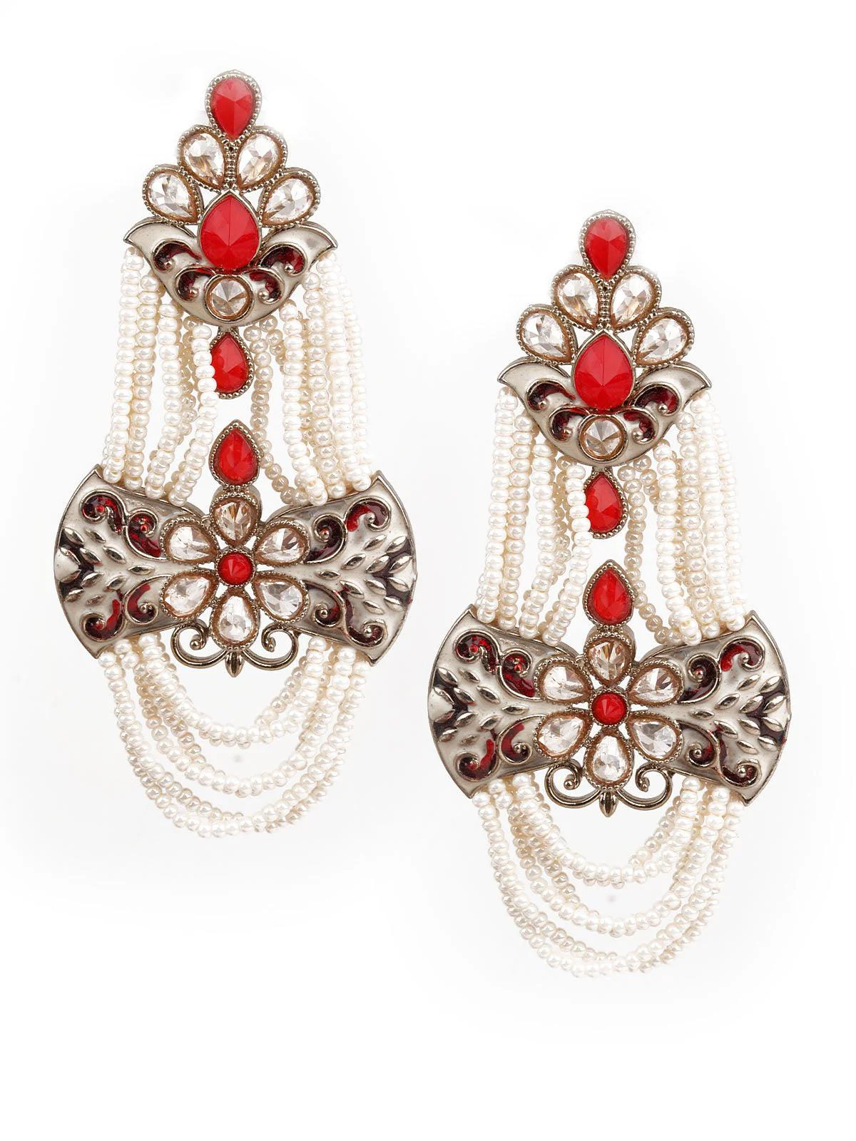 Odette Women Designer Red And White Dangler Earrings