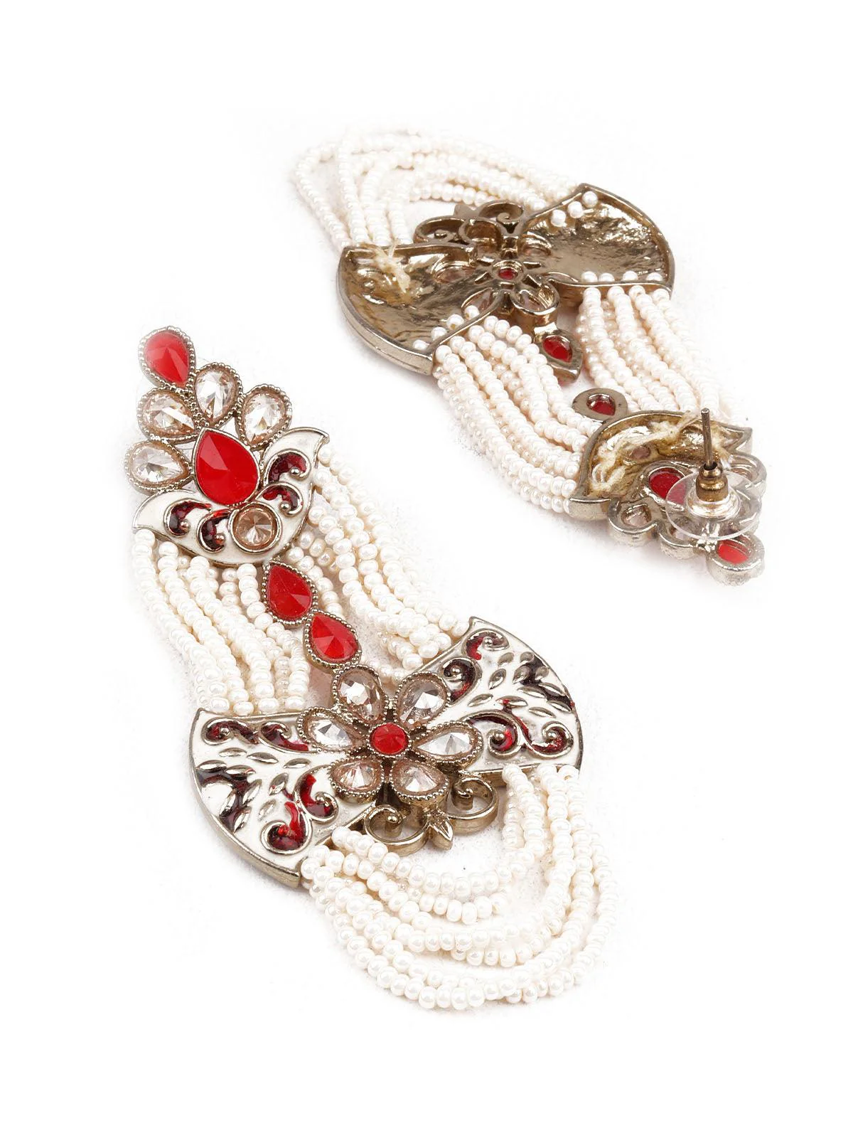 Odette Women Designer Red And White Dangler Earrings - Image 3