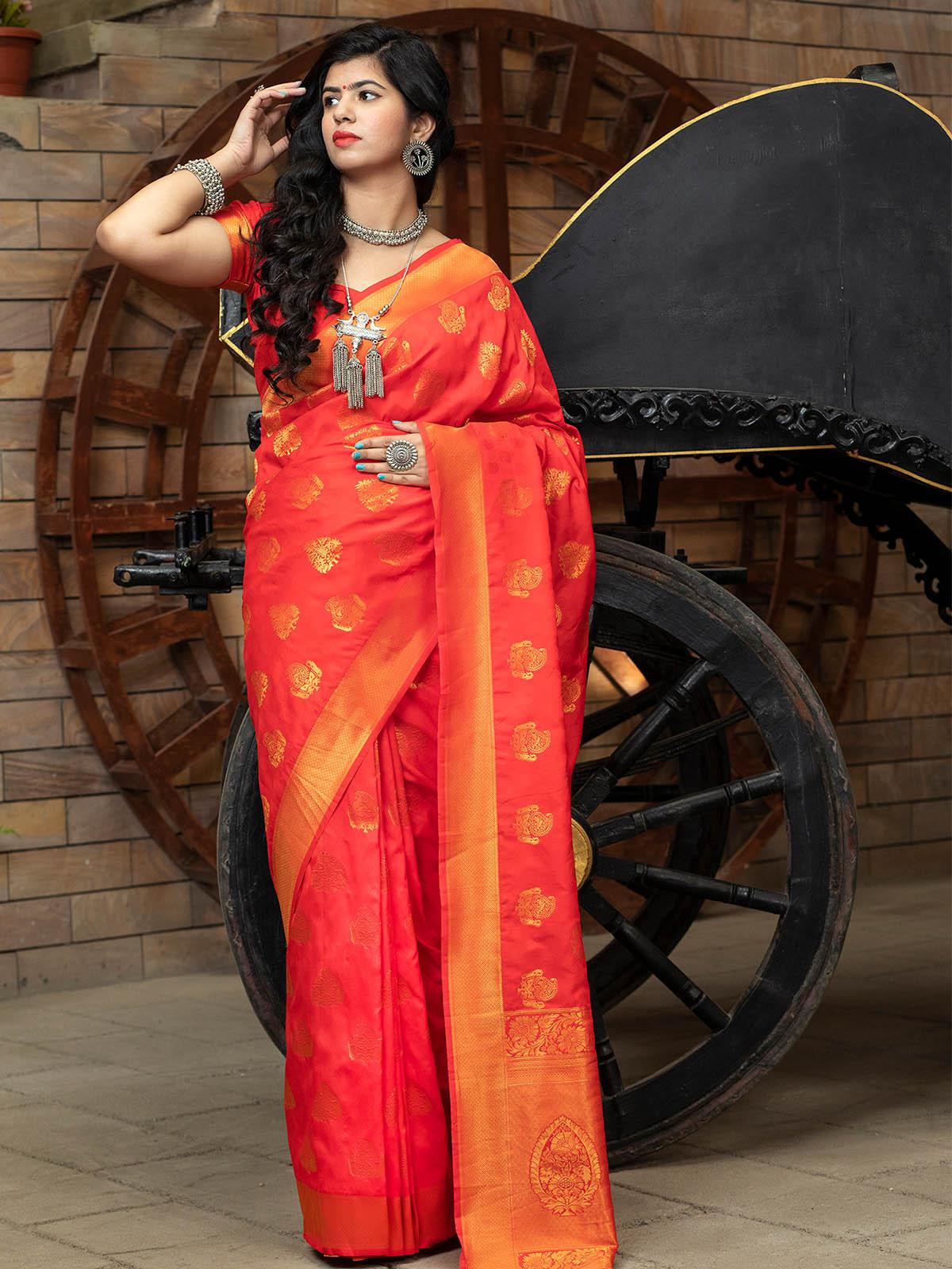 Odette Women Designer Red Banarasi Silk Saree With Unstitched Blouse - Image 4