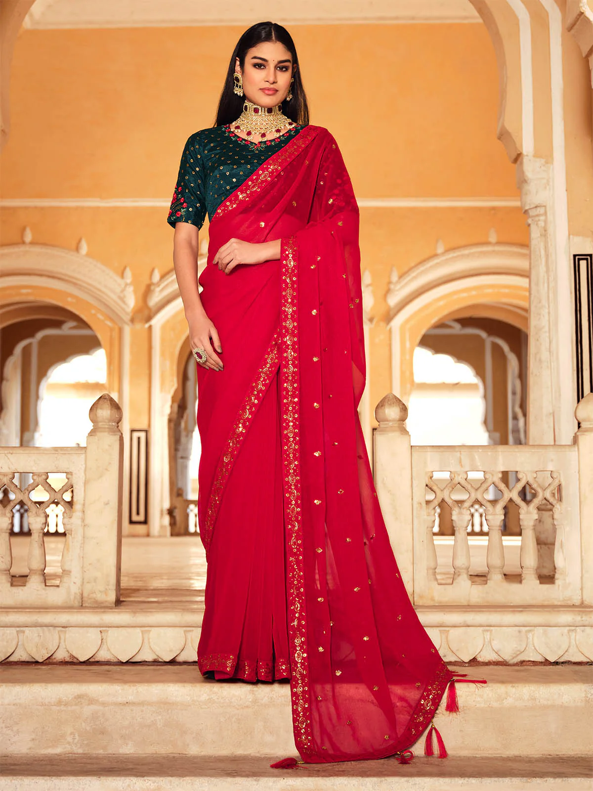Odette Women Designer Red Chinon Saree With Unstitched Blouse