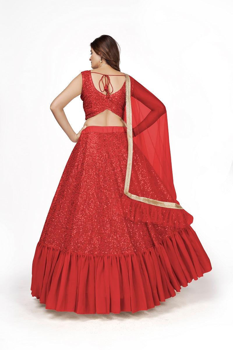 Odette Women Designer Red Georgette Semi Stitched Lehenga With Unstitched Blouse - Image 3