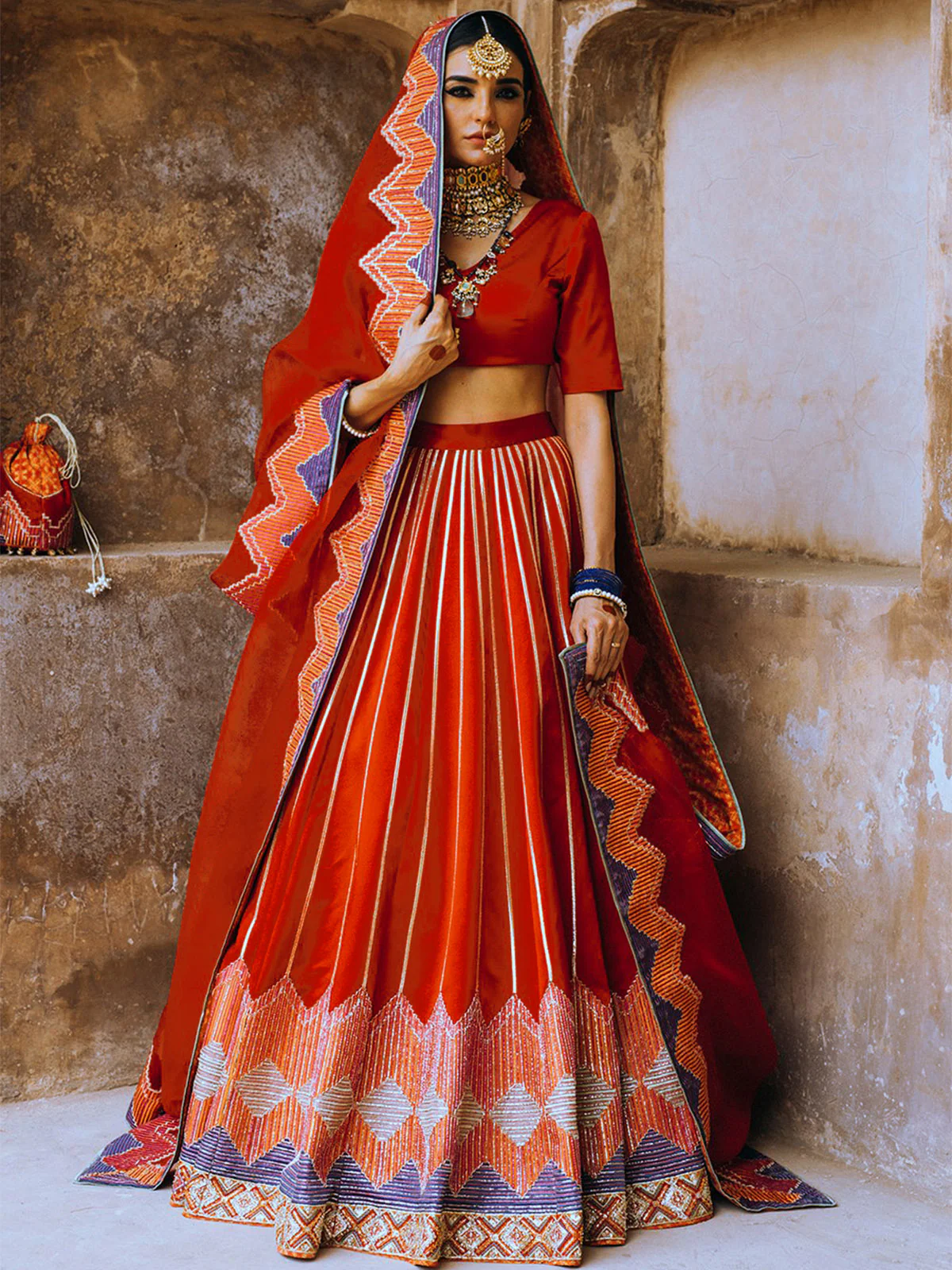 Odette Women Designer Red Semi Stitched Lehenga With Unstitched Blouse