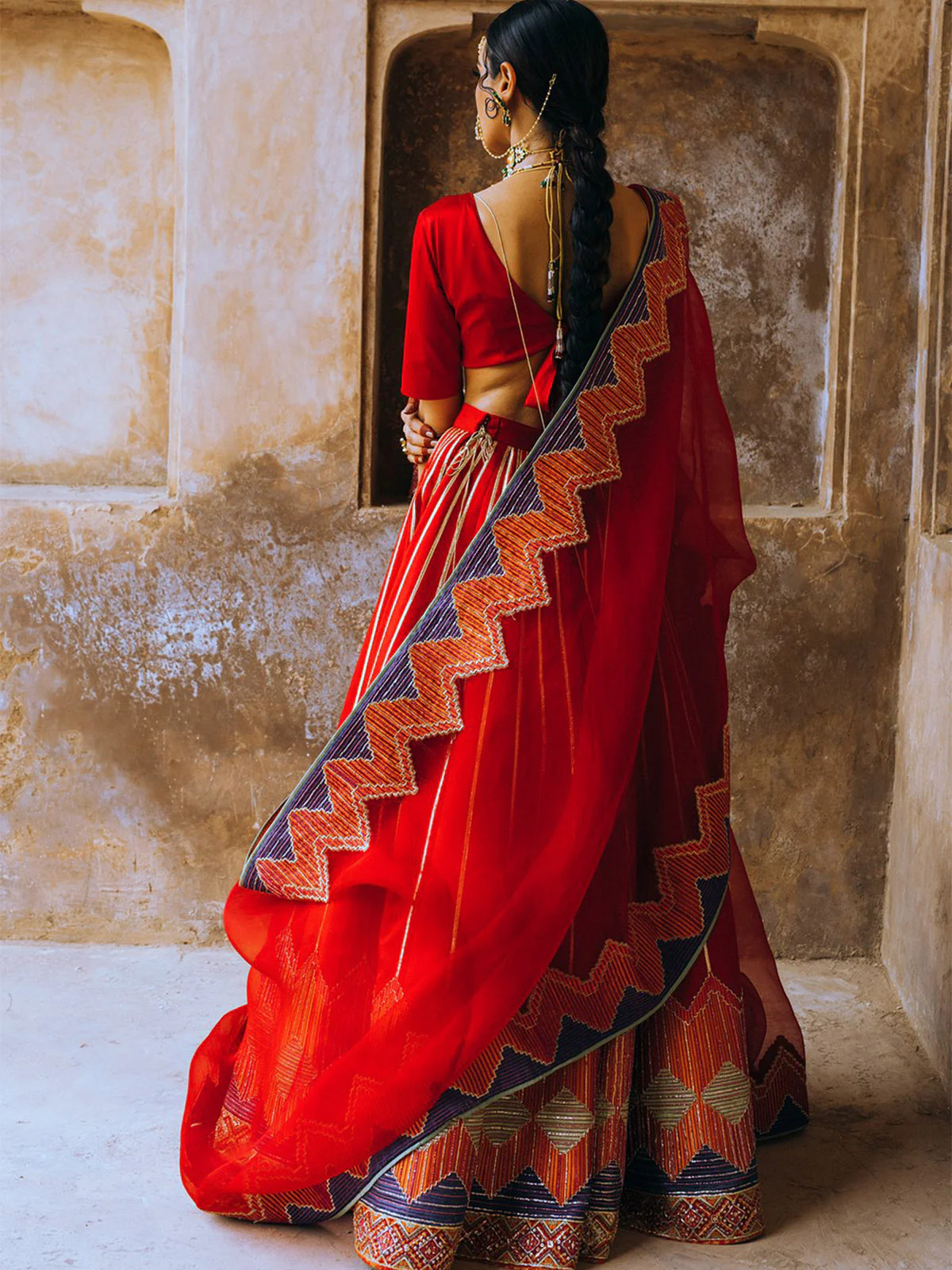 Odette Women Designer Red Semi Stitched Lehenga With Unstitched Blouse - Image 2