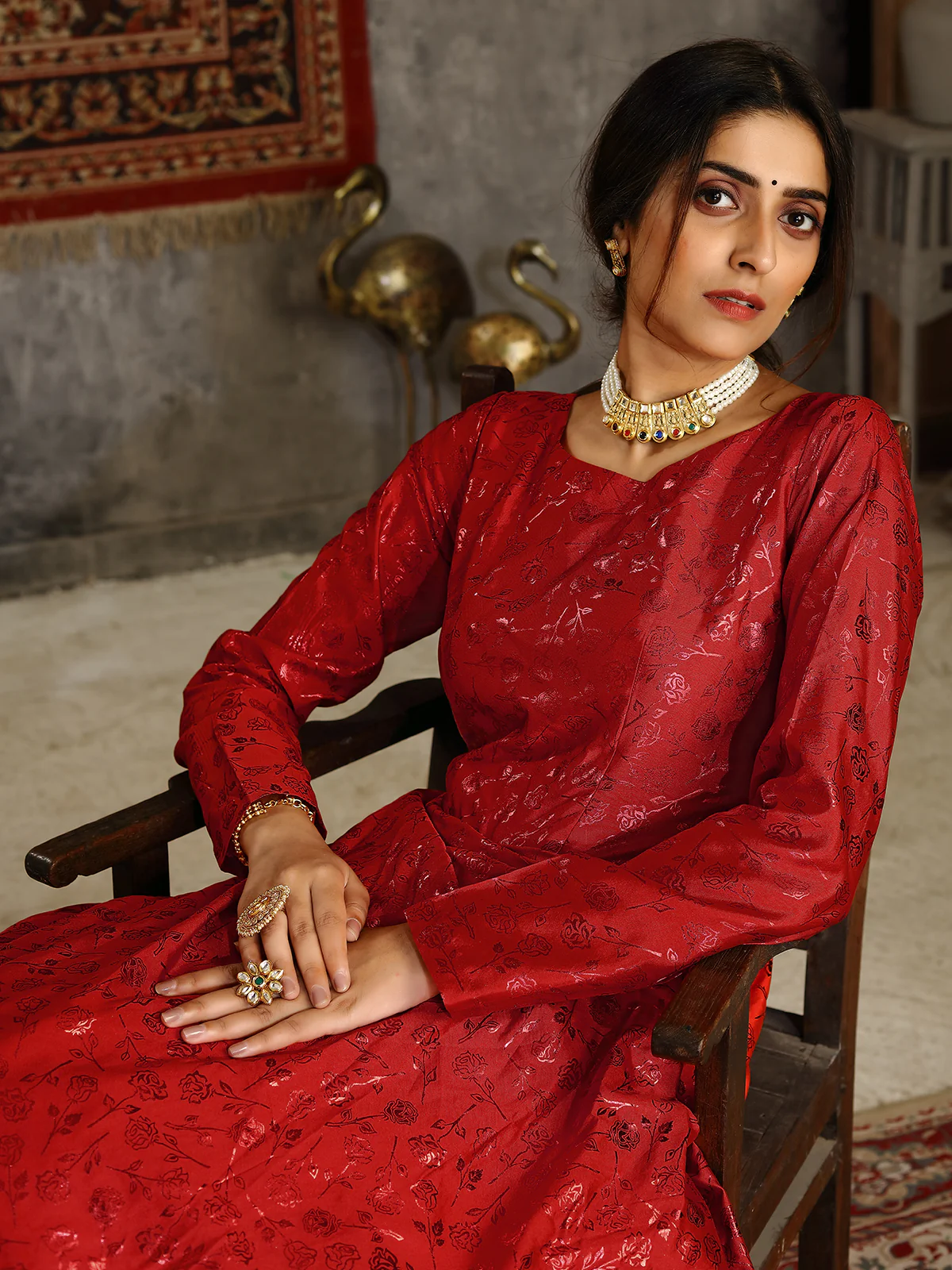 Odette Women Designer Red Taffeta Semi Stitched Gown - Image 2