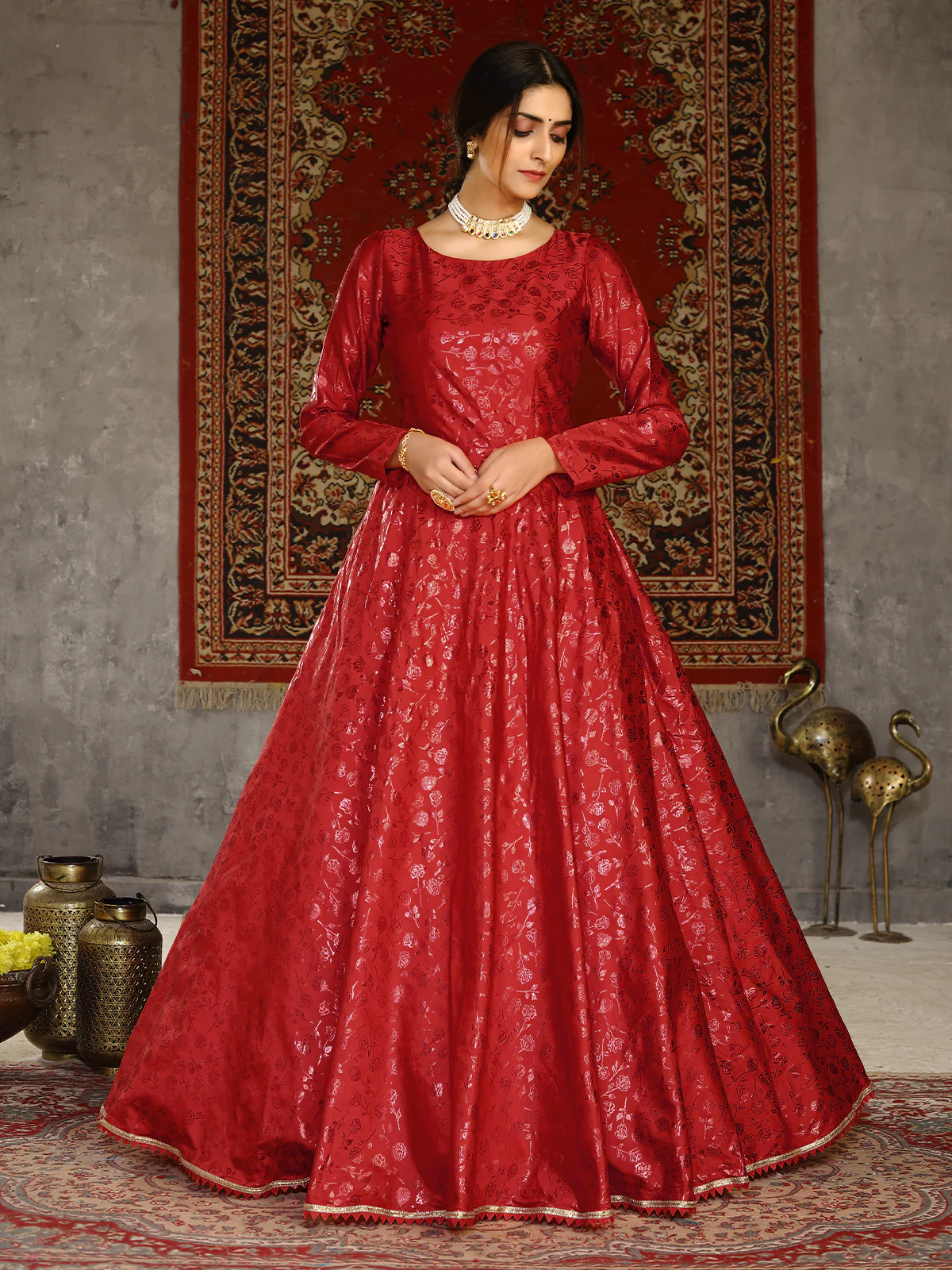 Odette Women Designer Red Taffeta Semi Stitched Gown - Image 3